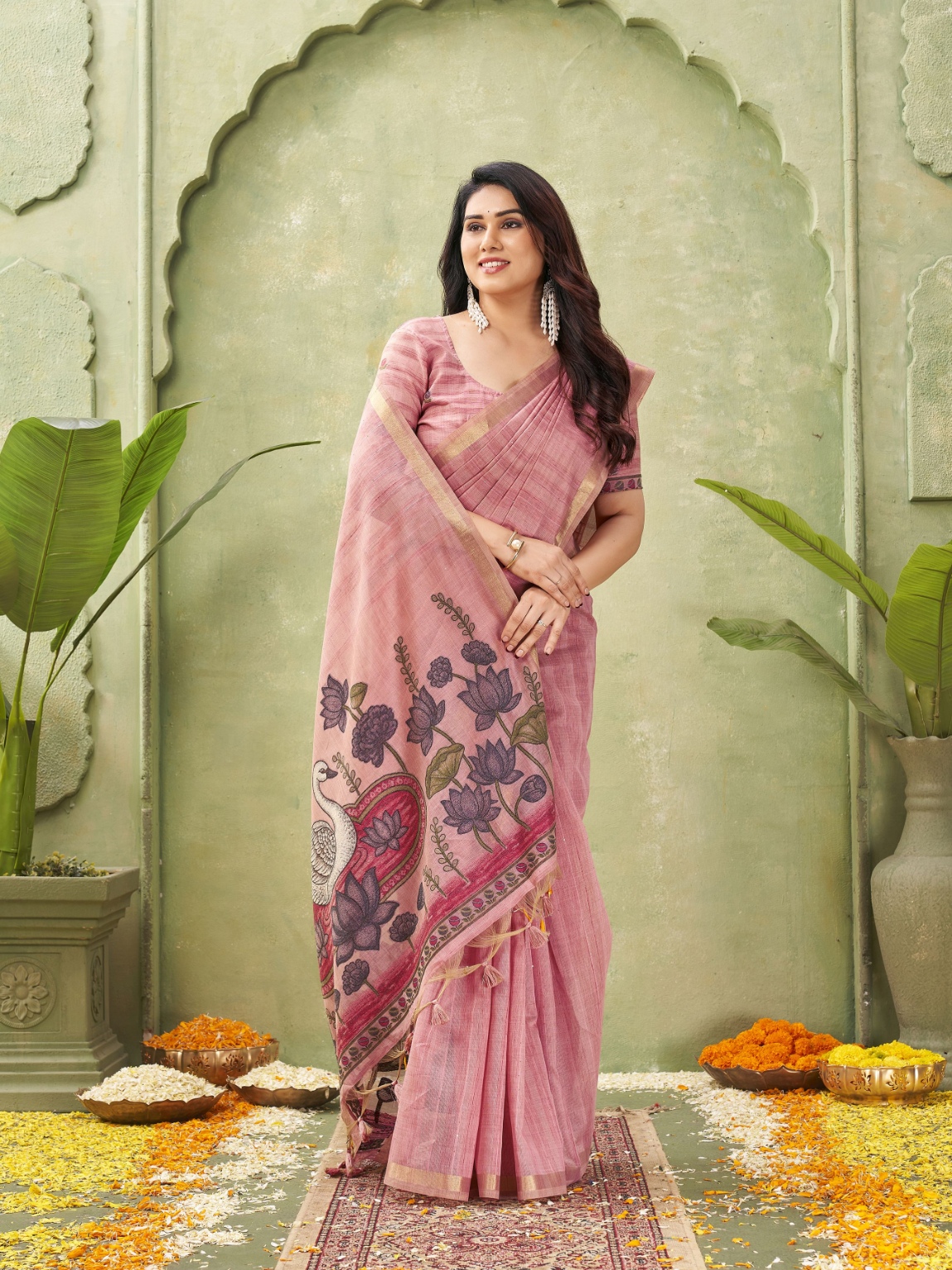 Pink Woven Swan Lotus Designer Ghicha Cotton Saree