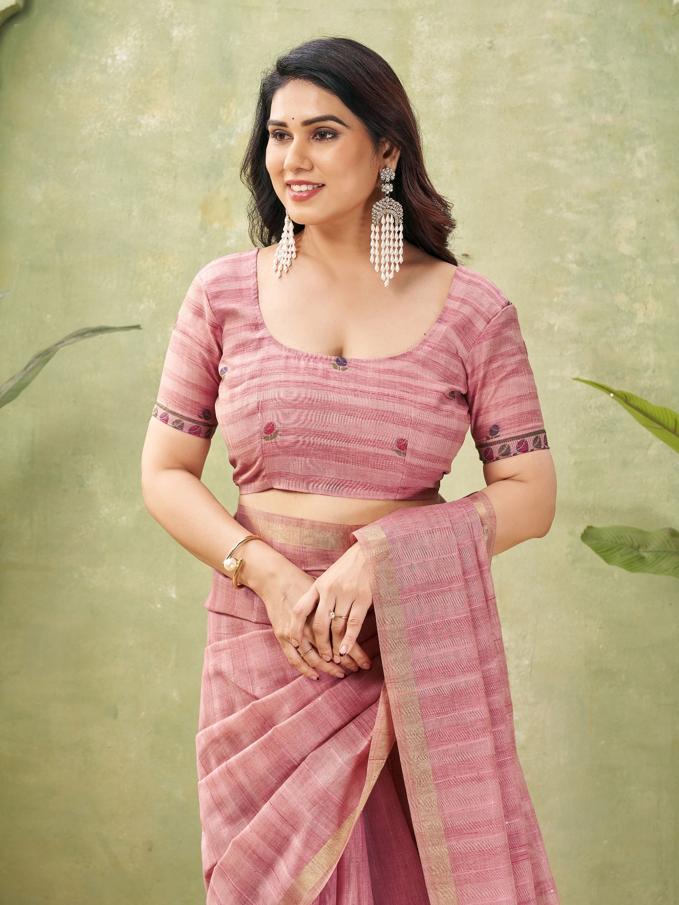 Pink Woven Swan Lotus Designer Ghicha Cotton Saree
