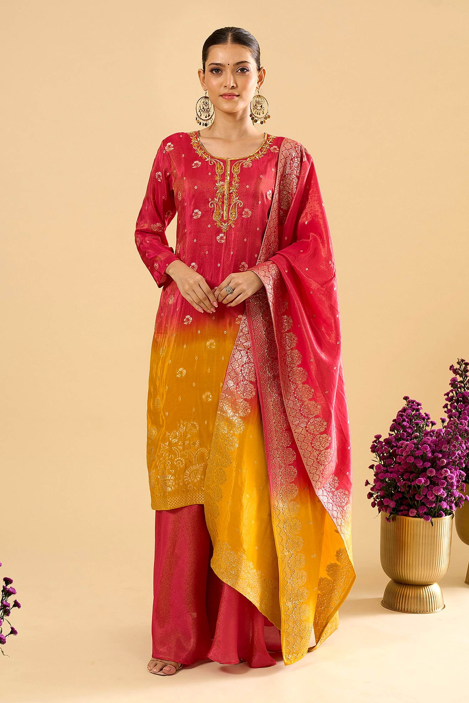 Pink Yellow Floral Zari Woven Viscose Jacquard Palazzo Suit