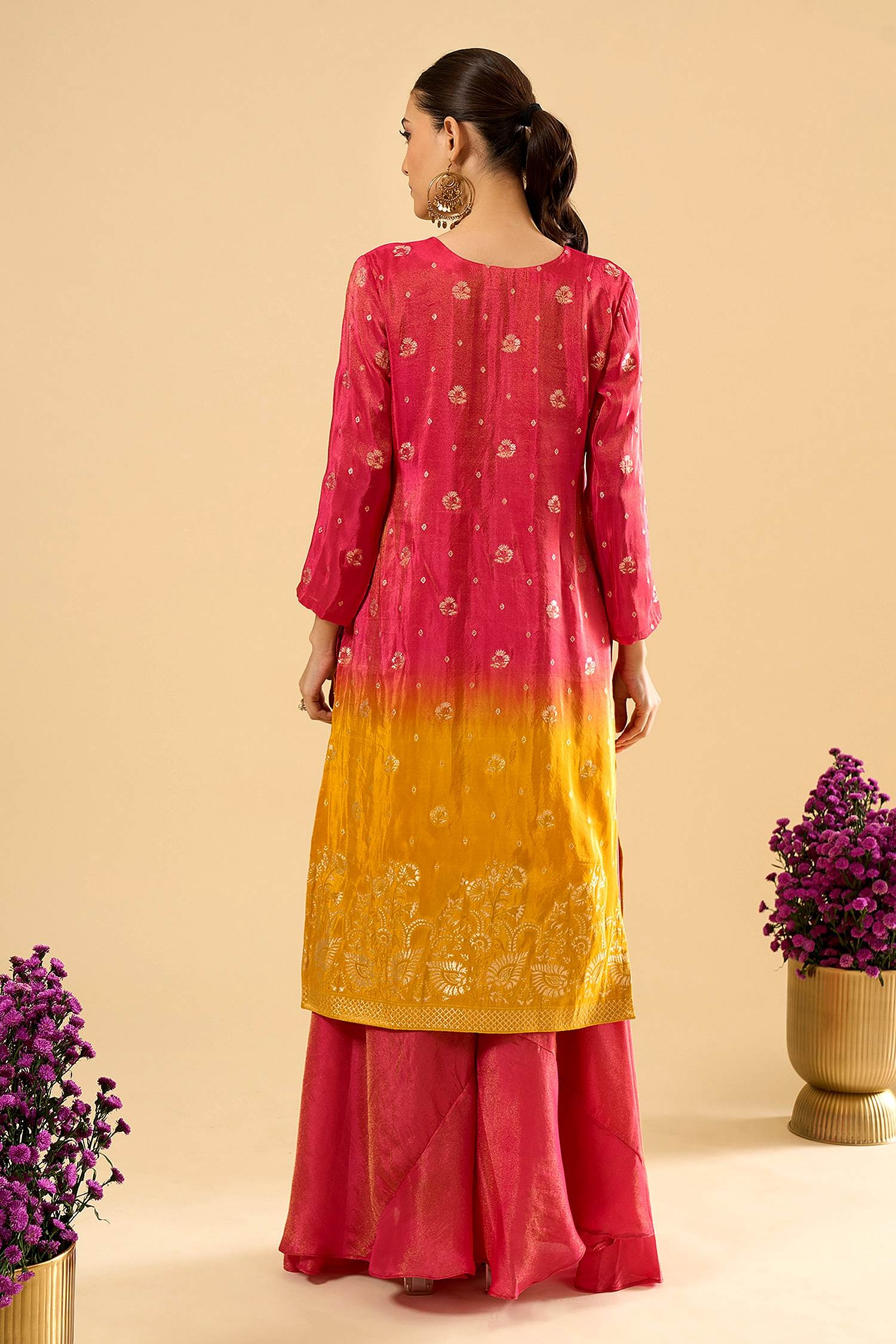 Pink Yellow Floral Zari Woven Viscose Jacquard Palazzo Suit — alternate view