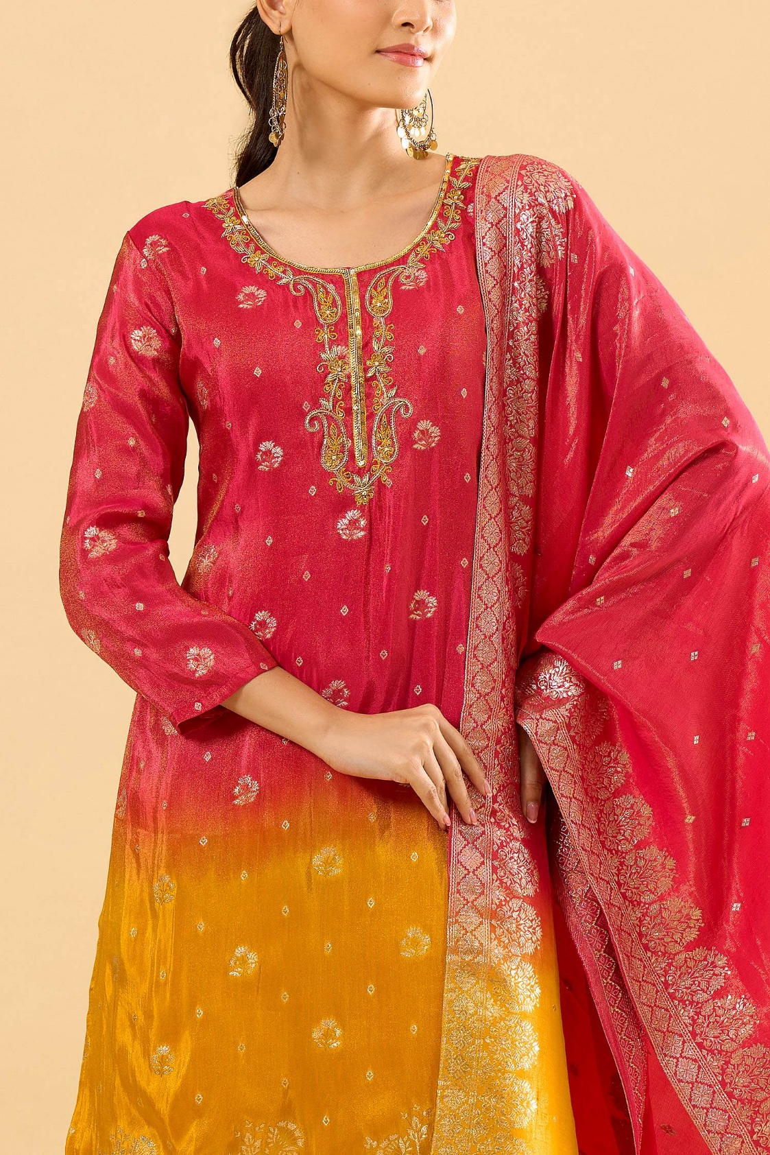 Pink Yellow Floral Zari Woven Viscose Jacquard Palazzo Suit