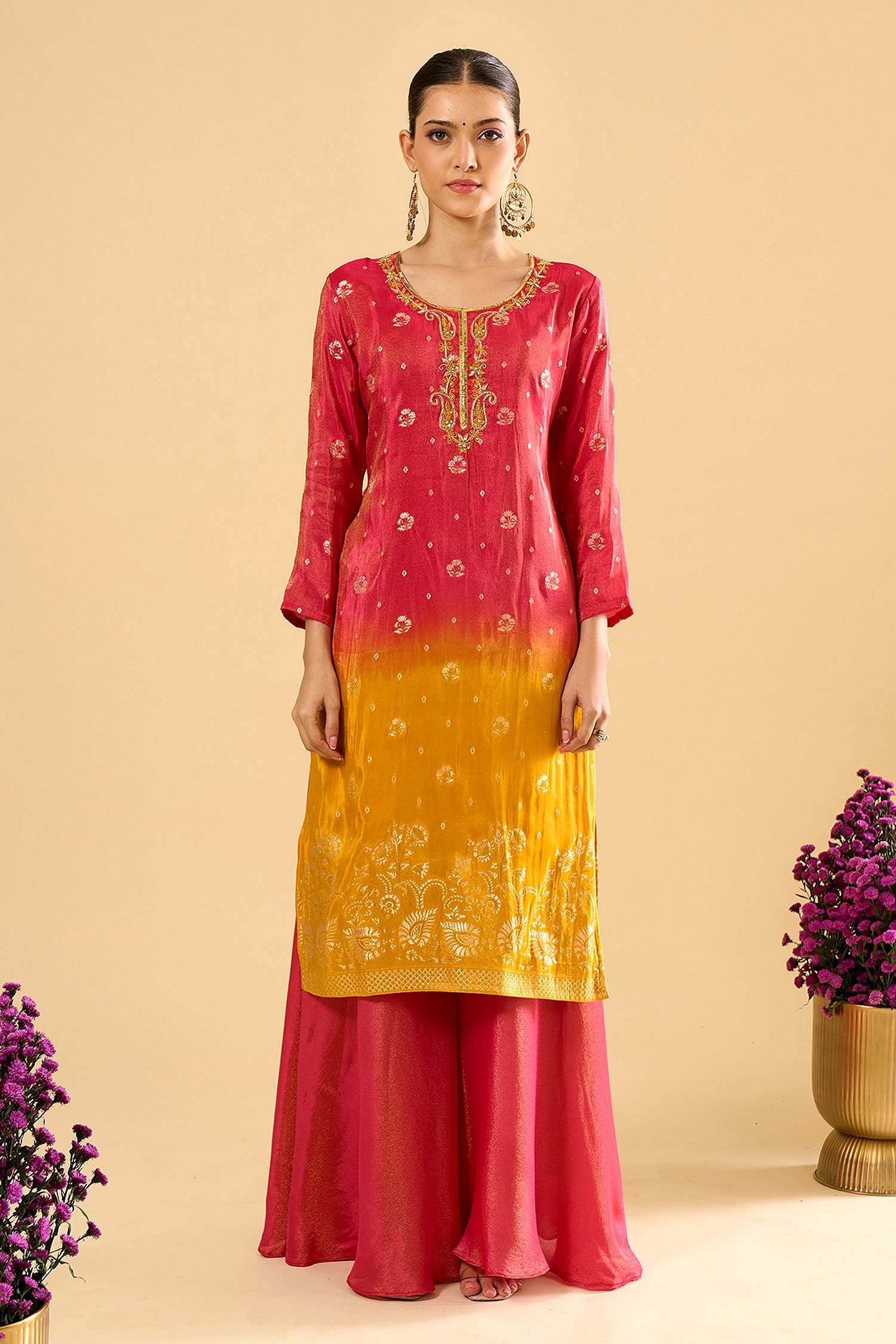 Pink Yellow Floral Zari Woven Viscose Jacquard Palazzo Suit