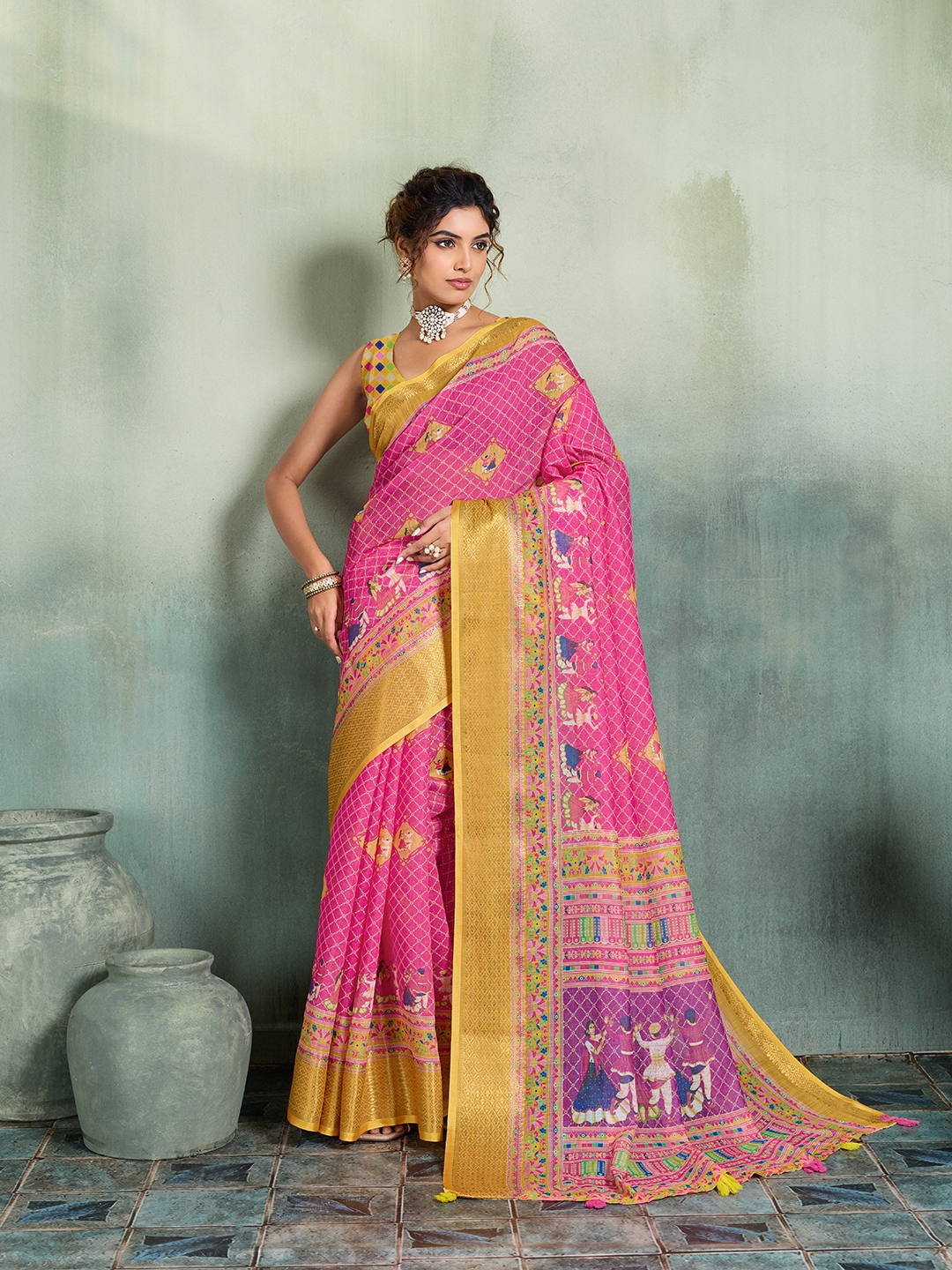 Pink Yellow Printed Jari Border Linen Saree