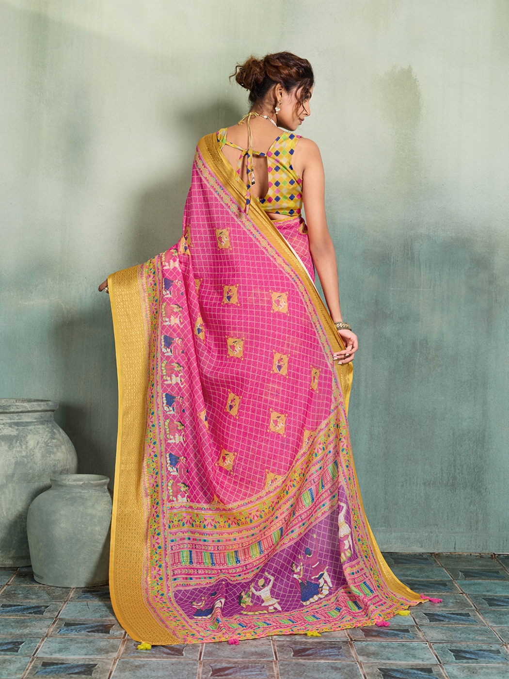 Pink Yellow Printed Jari Border Linen Saree — alternate view