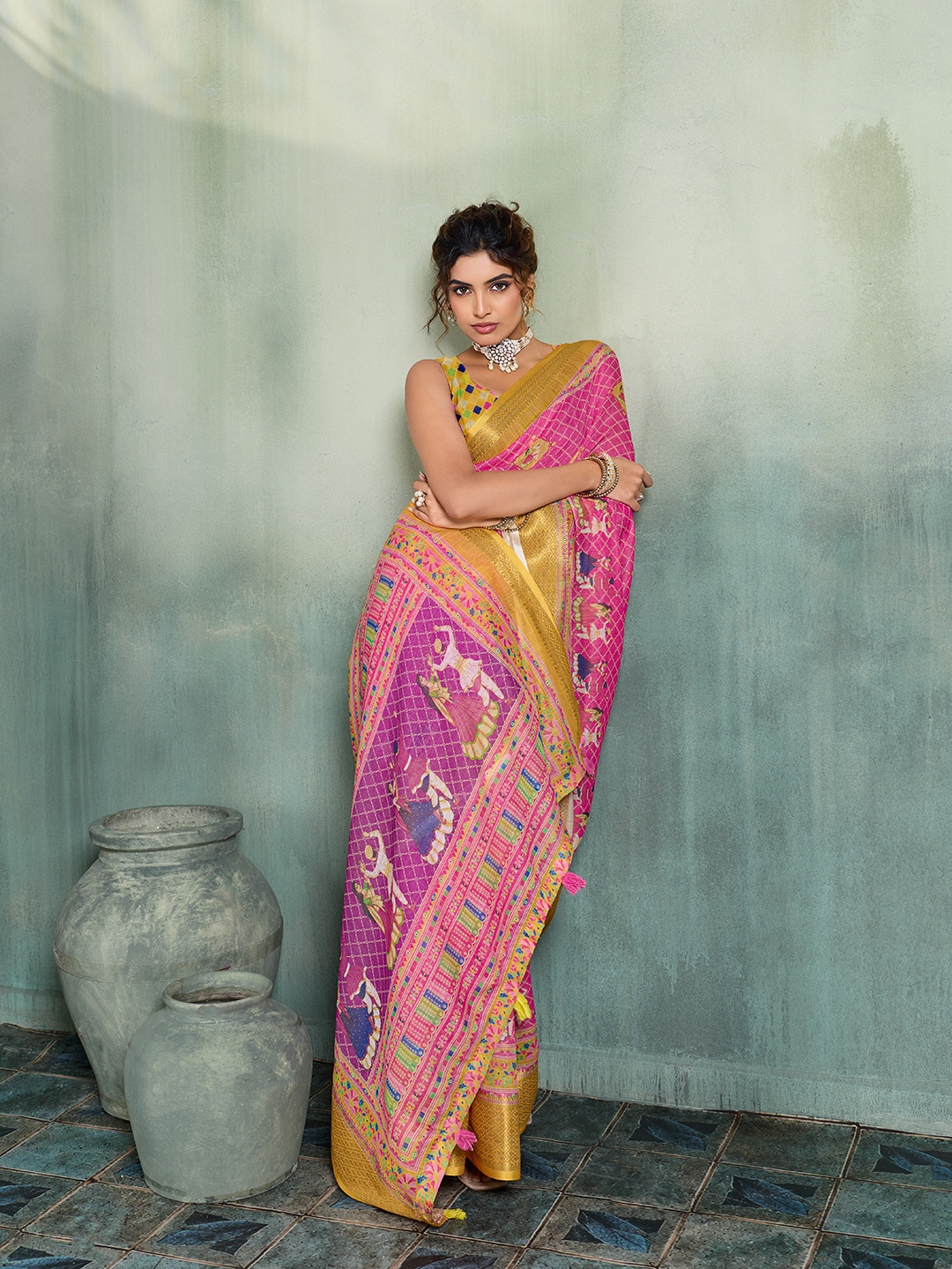 Pink Yellow Printed Jari Border Linen Saree