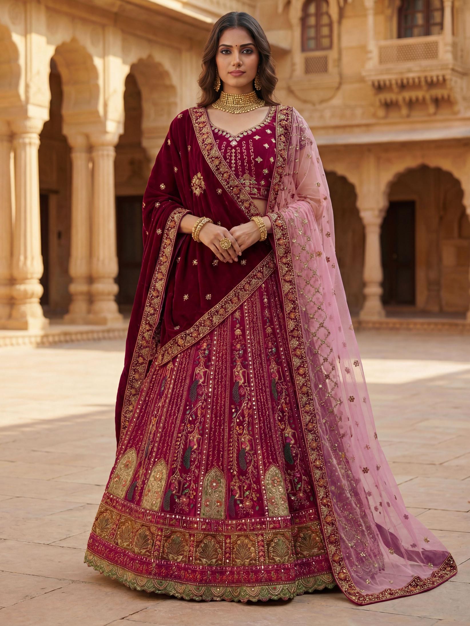 Pink Zari Dori N Thread Embroidered Lehenga Choli