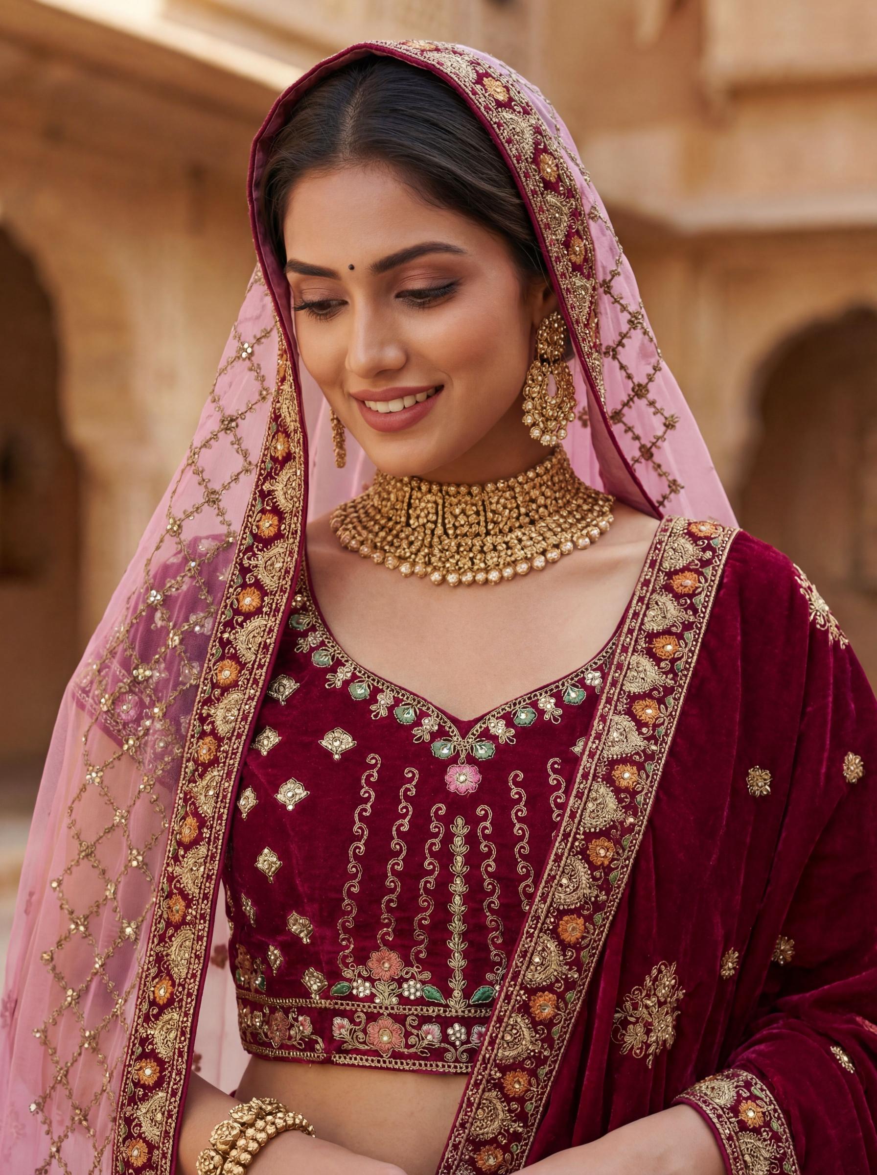 Pink Zari Dori N Thread Embroidered Lehenga Choli