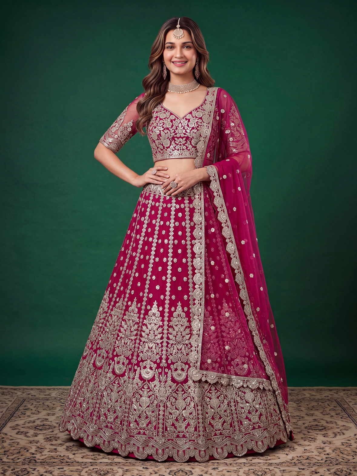 Pink Zari Dori Soft Net Panelled Bridal Lehenga Choli