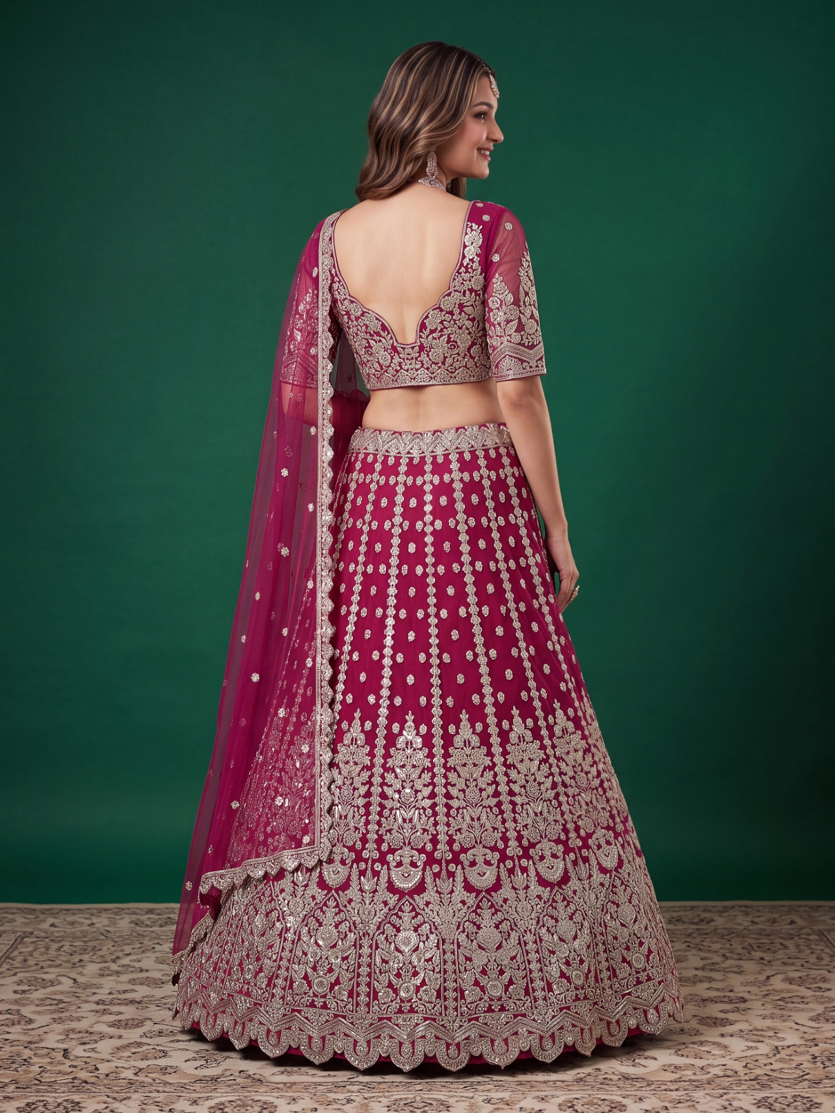 Pink Zari Dori Soft Net Panelled Bridal Lehenga Choli — alternate view