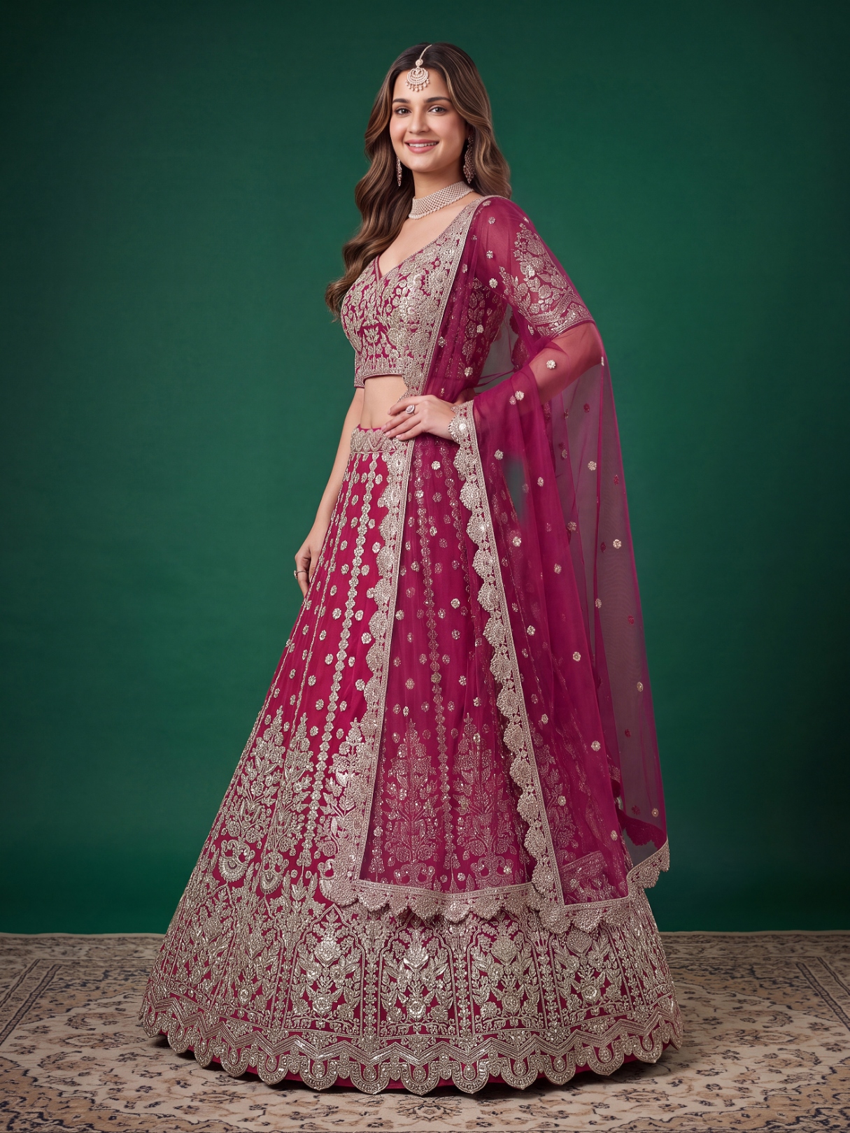 Pink Zari Dori Soft Net Panelled Bridal Lehenga Choli