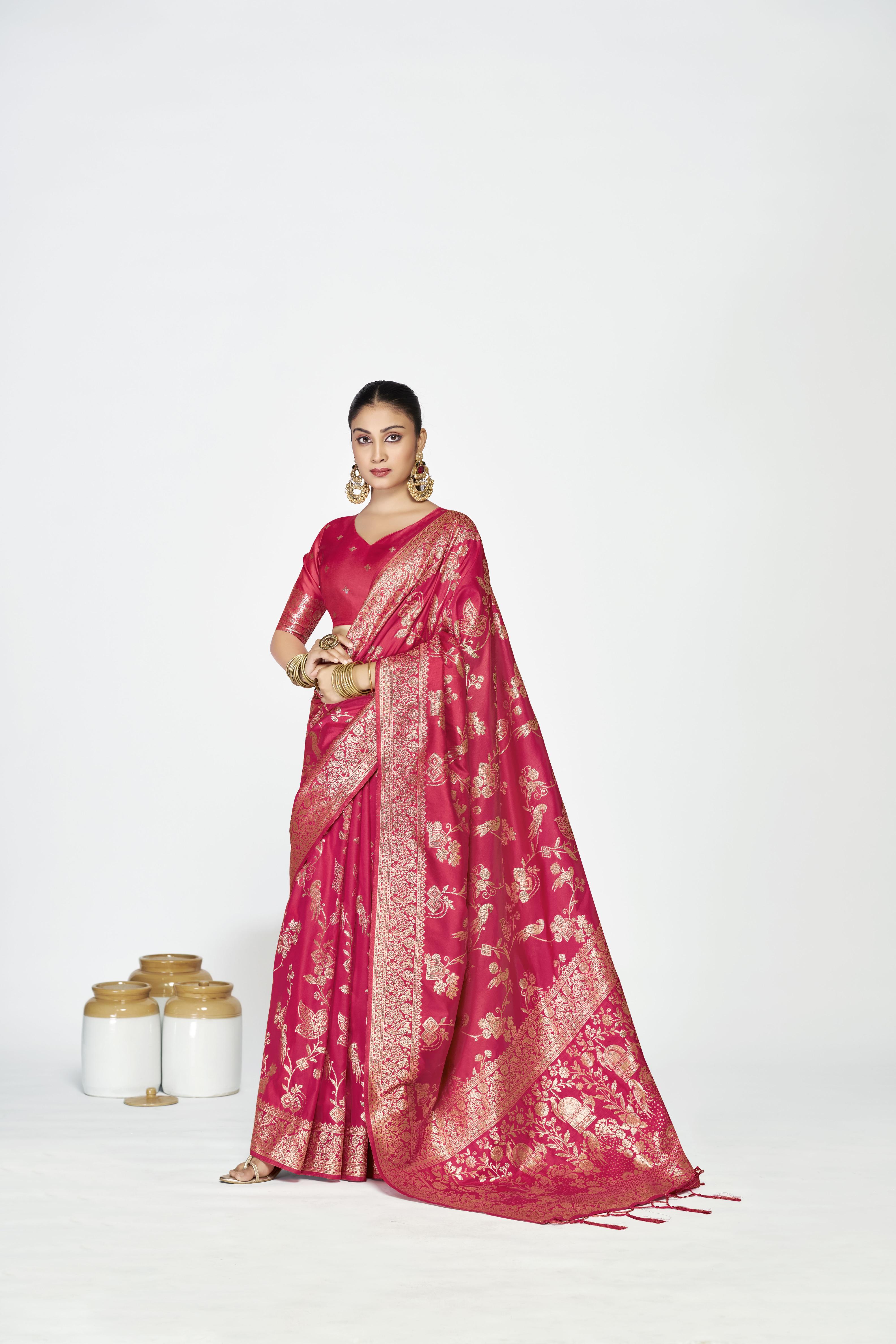 Pink Zari Floral Butti Designer Banarasi Silk Saree