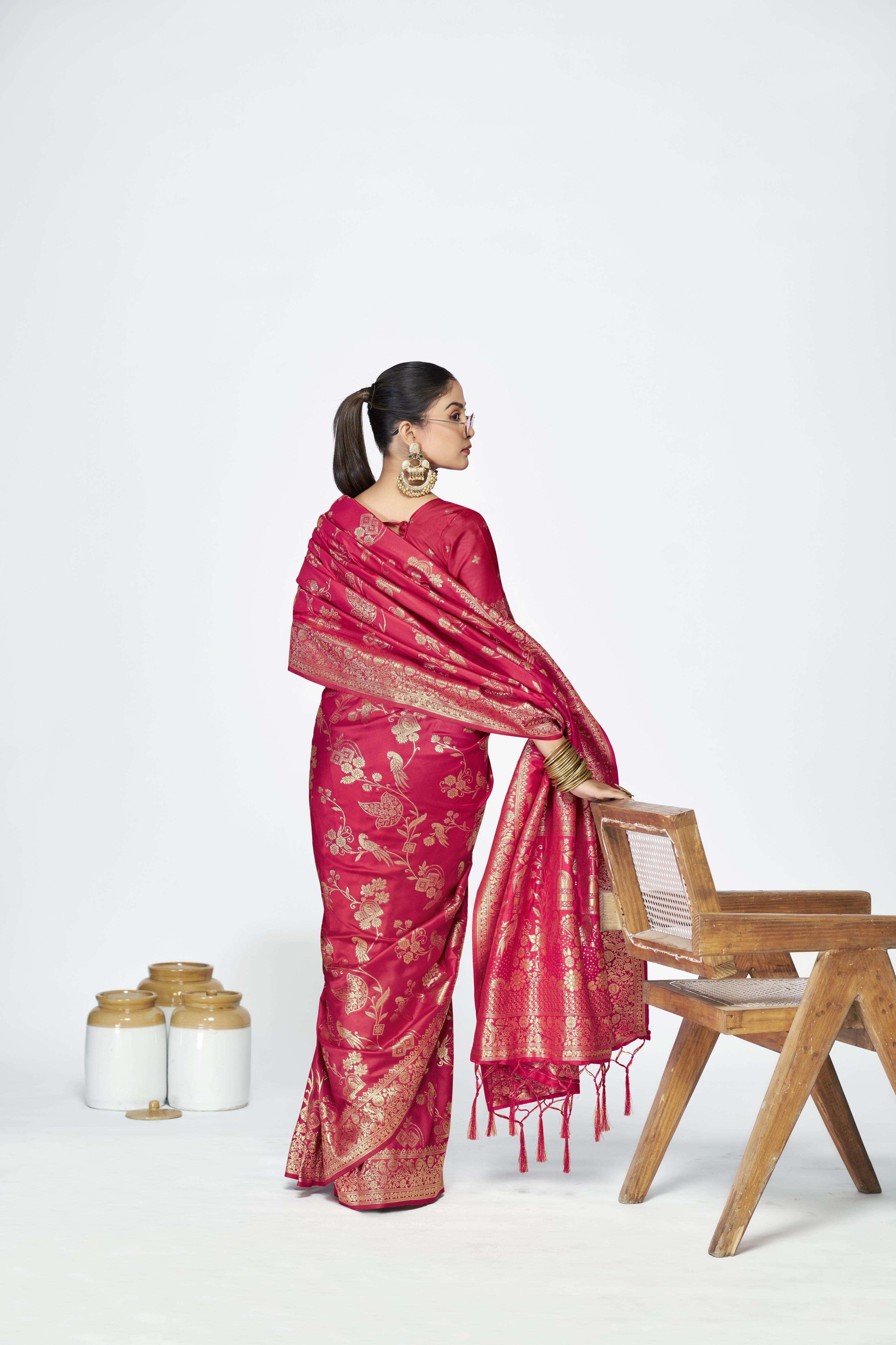 Pink Zari Floral Butti Designer Banarasi Silk Saree — alternate view