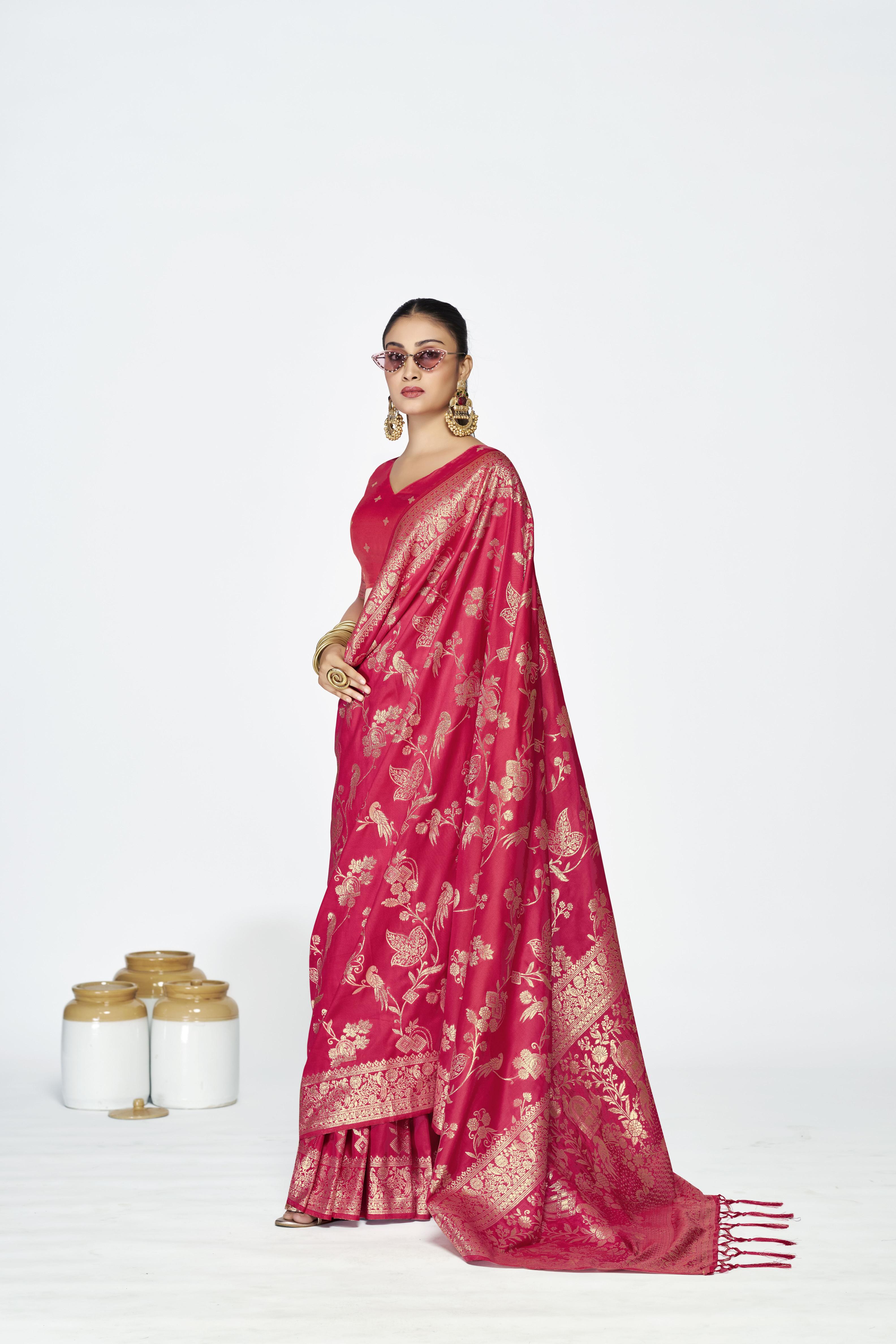 Pink Zari Floral Butti Designer Banarasi Silk Saree