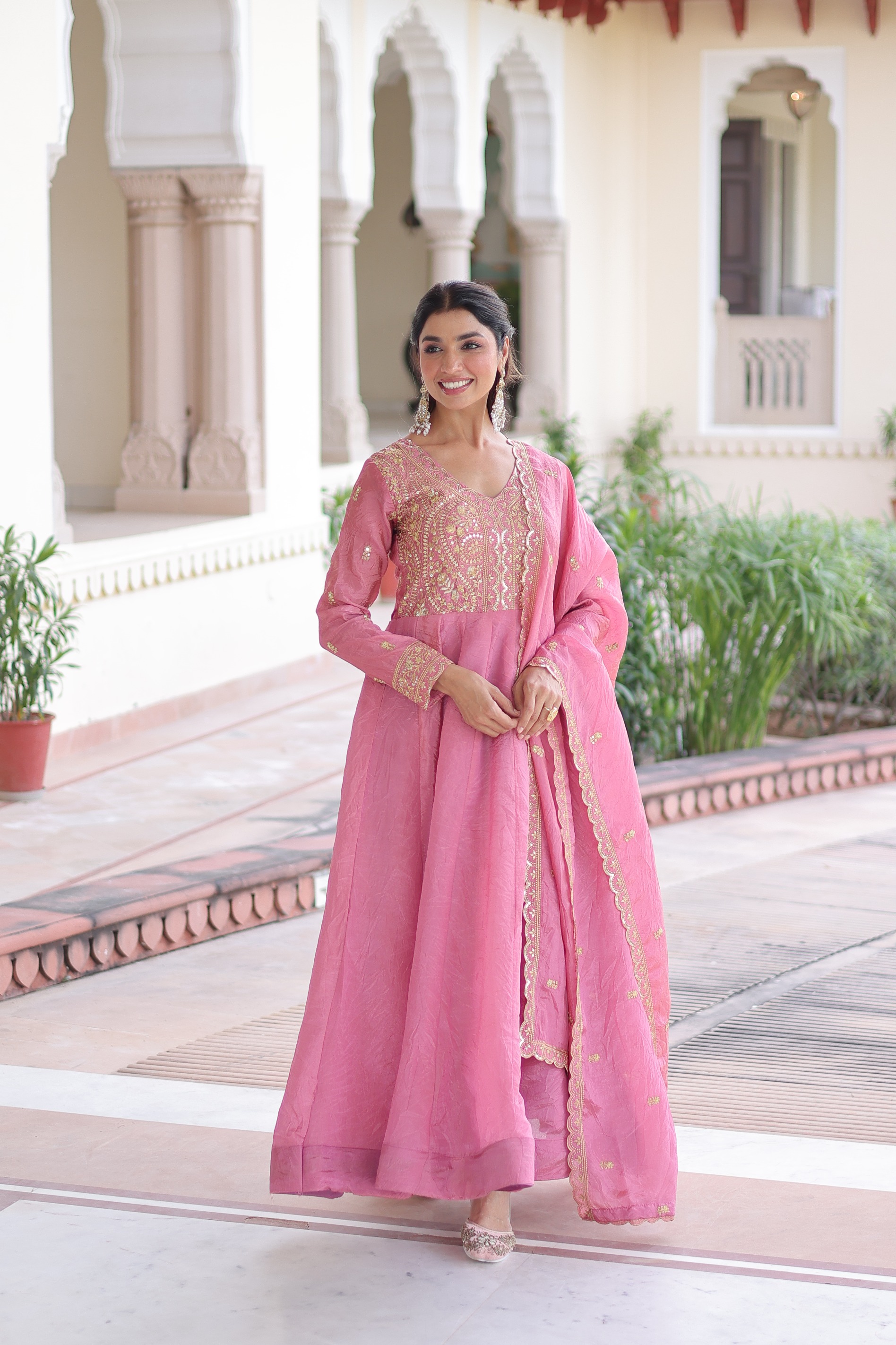 Pink Zari Sequins Embroidered Gold Crush Party Gown Set