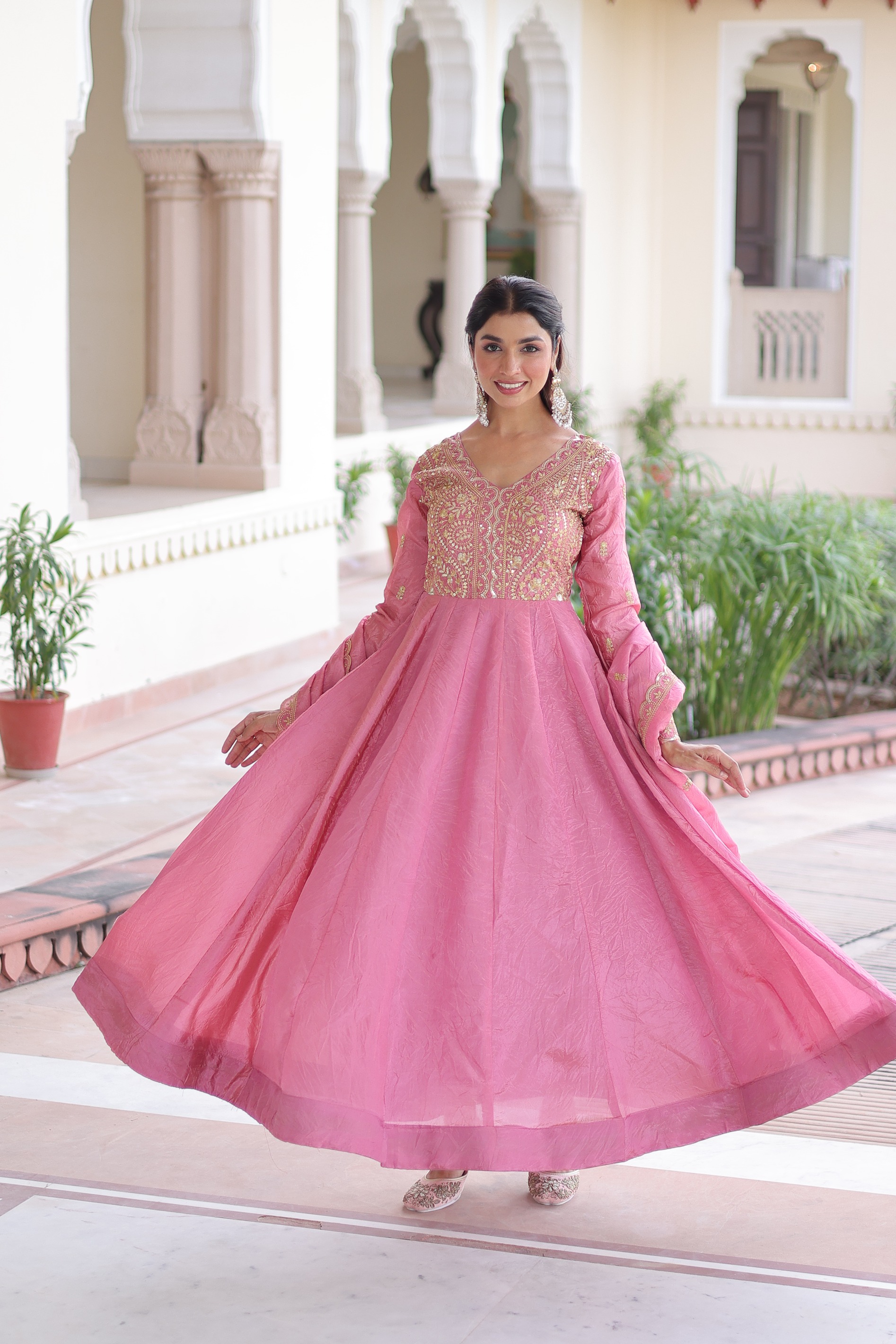 Pink Zari Sequins Embroidered Gold Crush Party Gown Set — alternate view