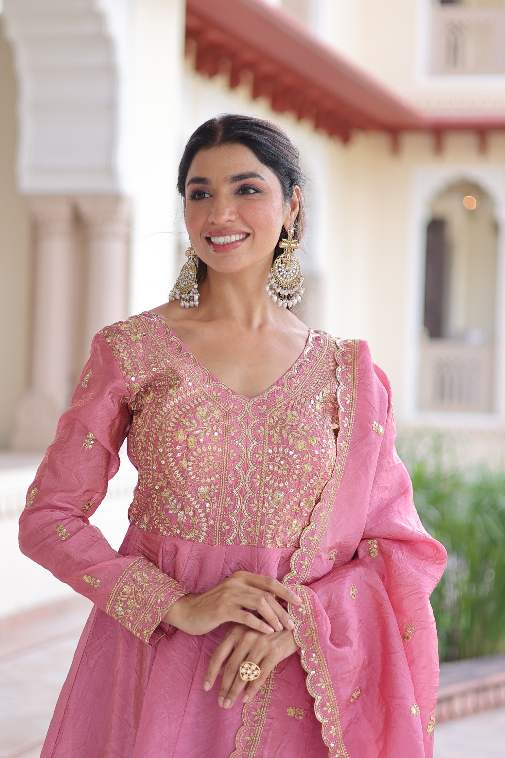 Pink Zari Sequins Embroidered Gold Crush Party Gown Set