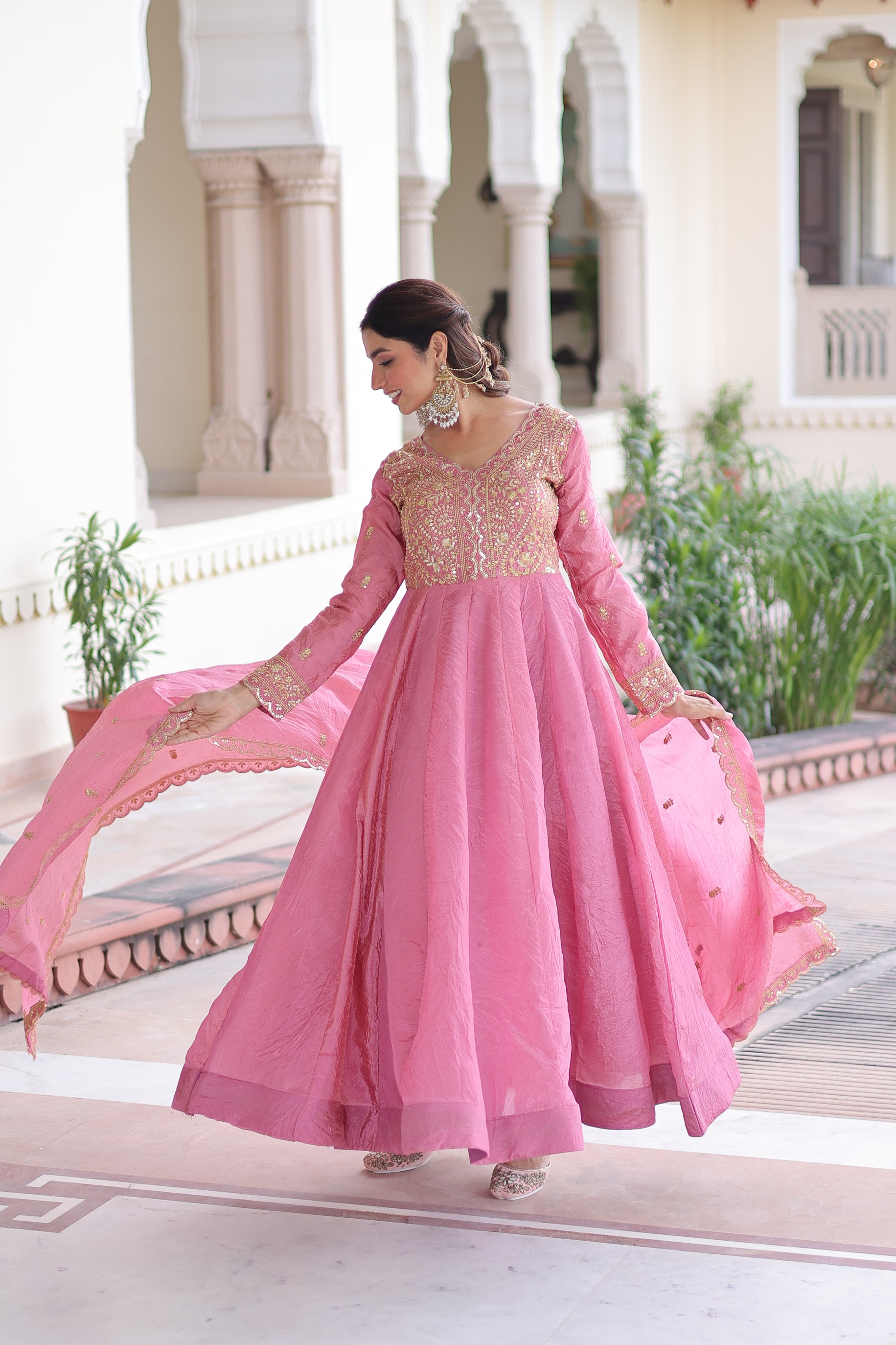 Pink Zari Sequins Embroidered Gold Crush Party Gown Set