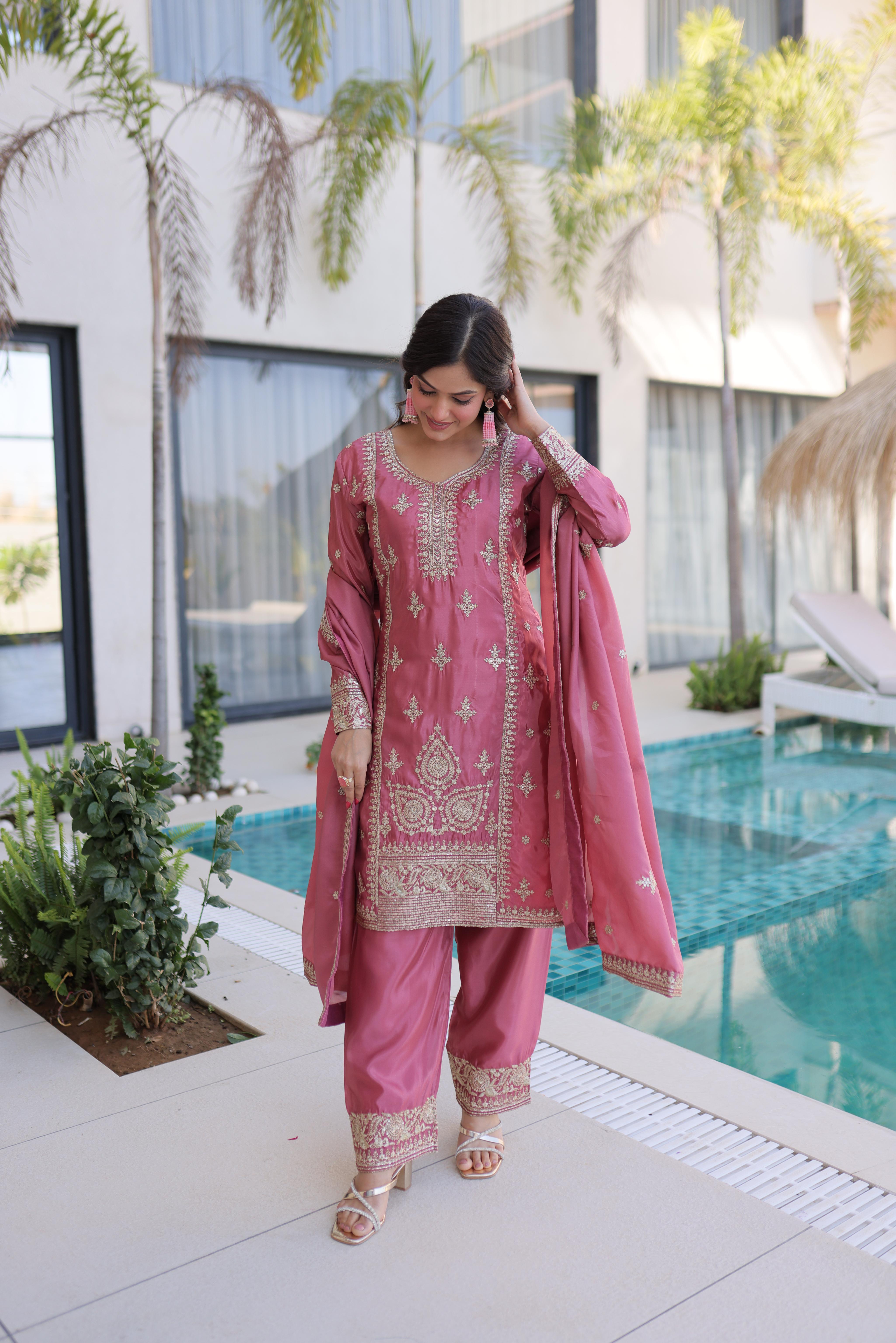 Pink Zari Thread Embroidered Kora Silk Salwar Suit
