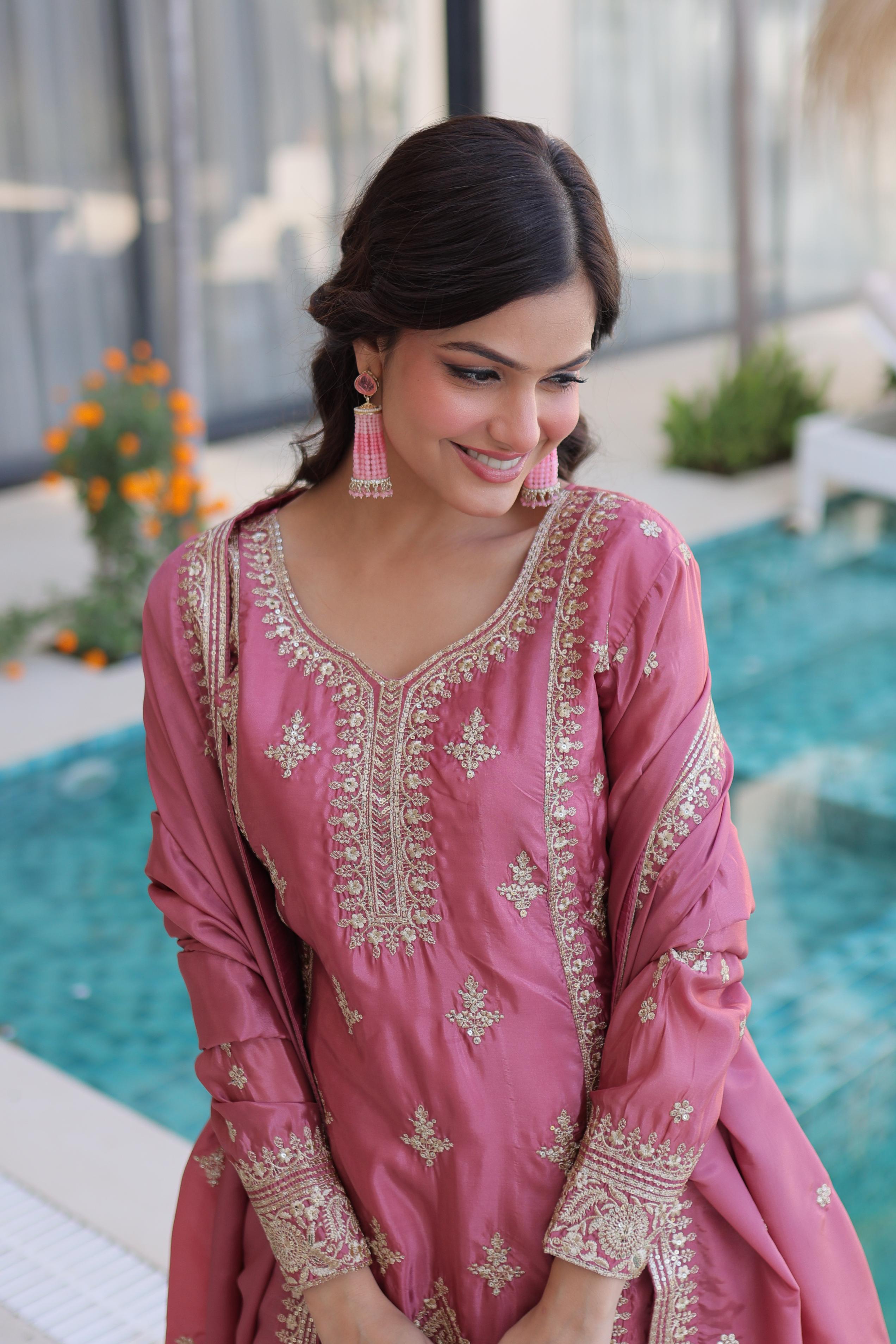 Pink Zari Thread Embroidered Kora Silk Salwar Suit