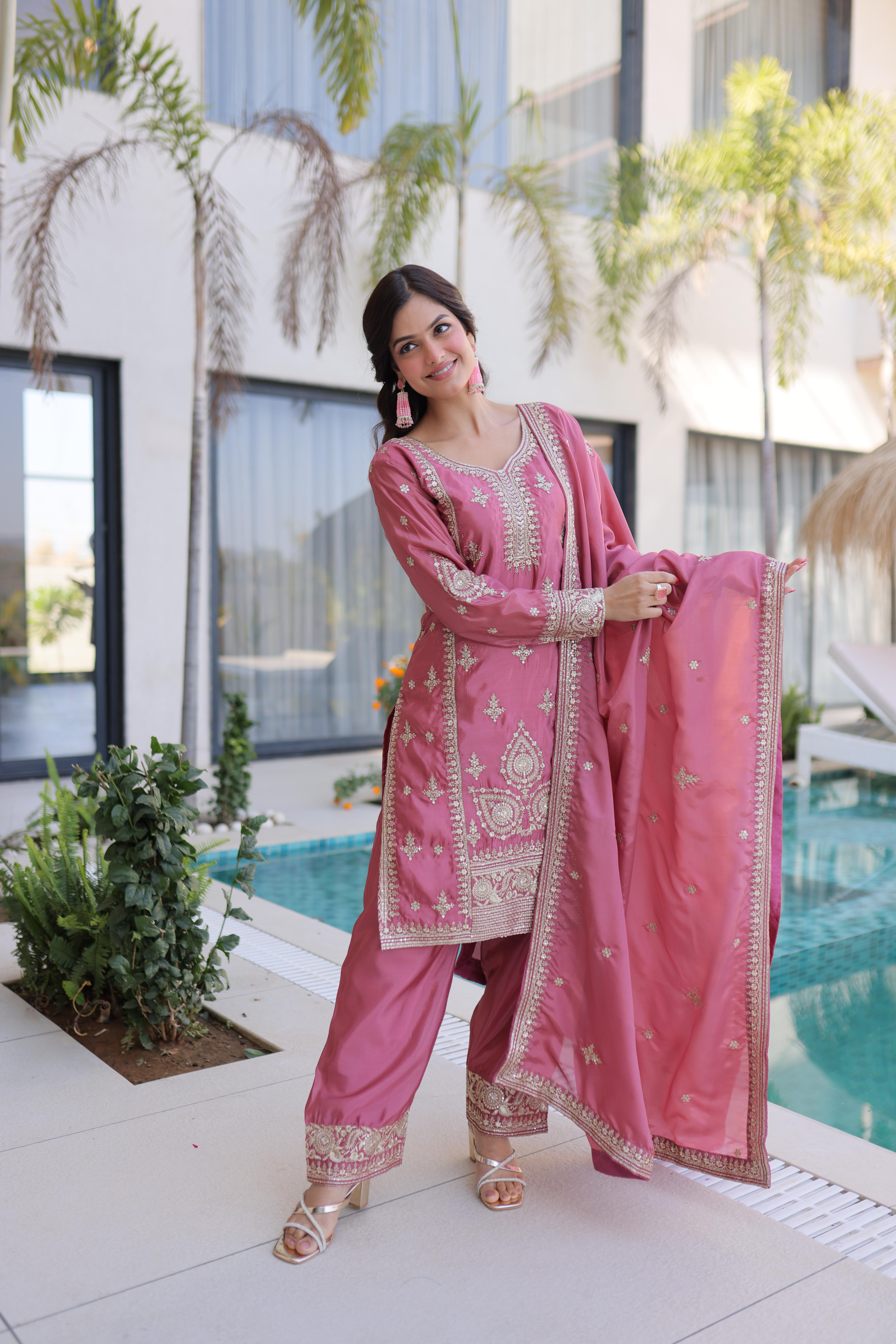 Pink Zari Thread Embroidered Kora Silk Salwar Suit