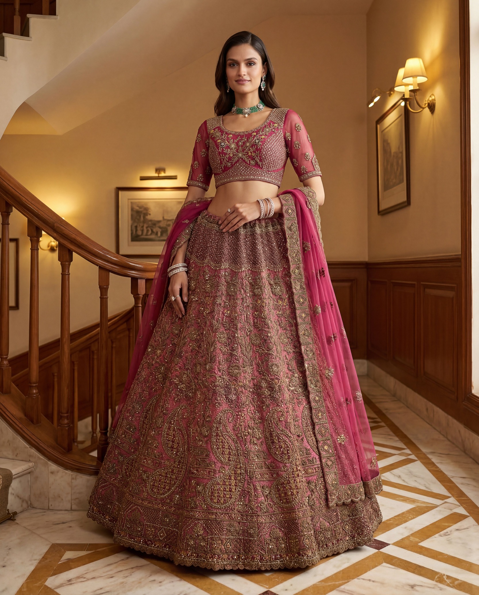 Pink Zari Work Net Lehenga Choli