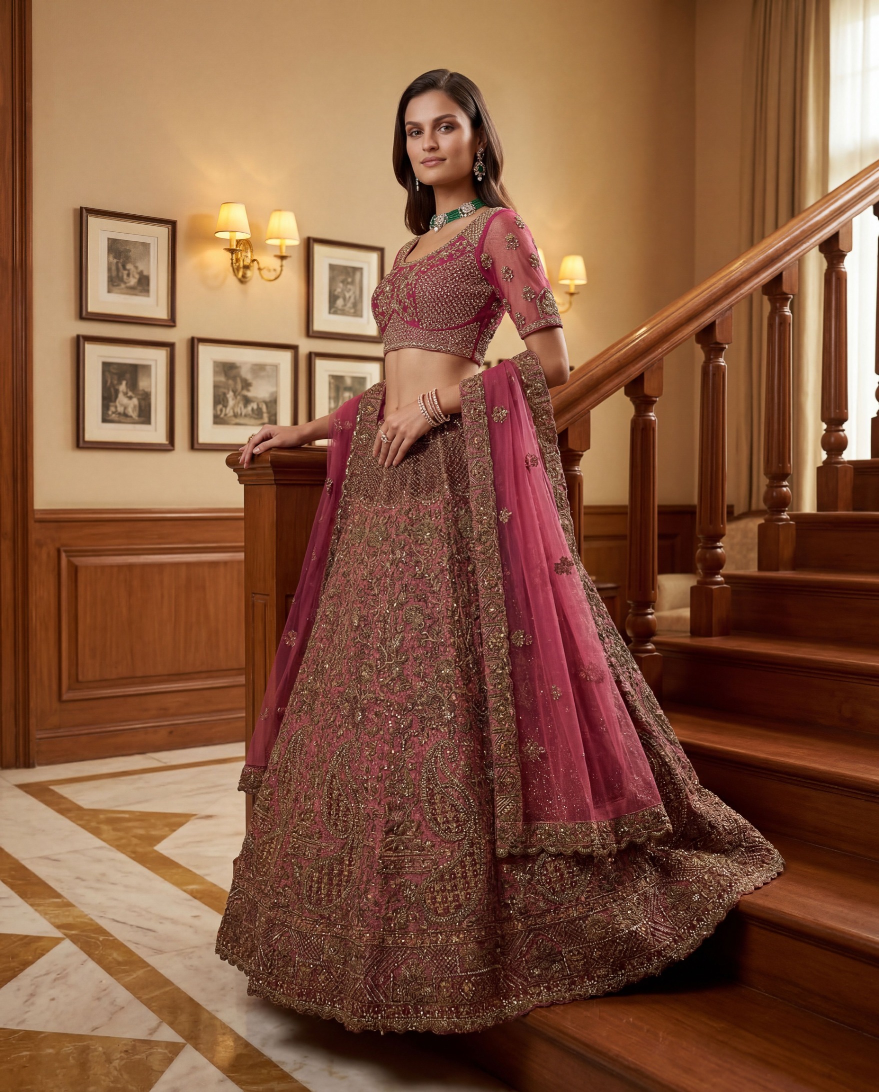 Pink Zari Work Net Lehenga Choli