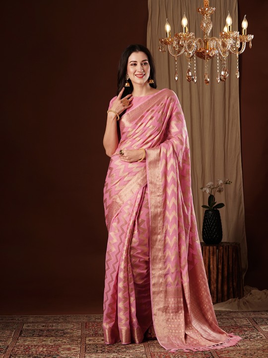Pink Zigzag Zari Woven Georgette Saree