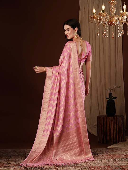 Pink Zigzag Zari Woven Georgette Saree — alternate view