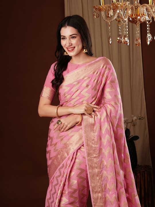 Pink Zigzag Zari Woven Georgette Saree