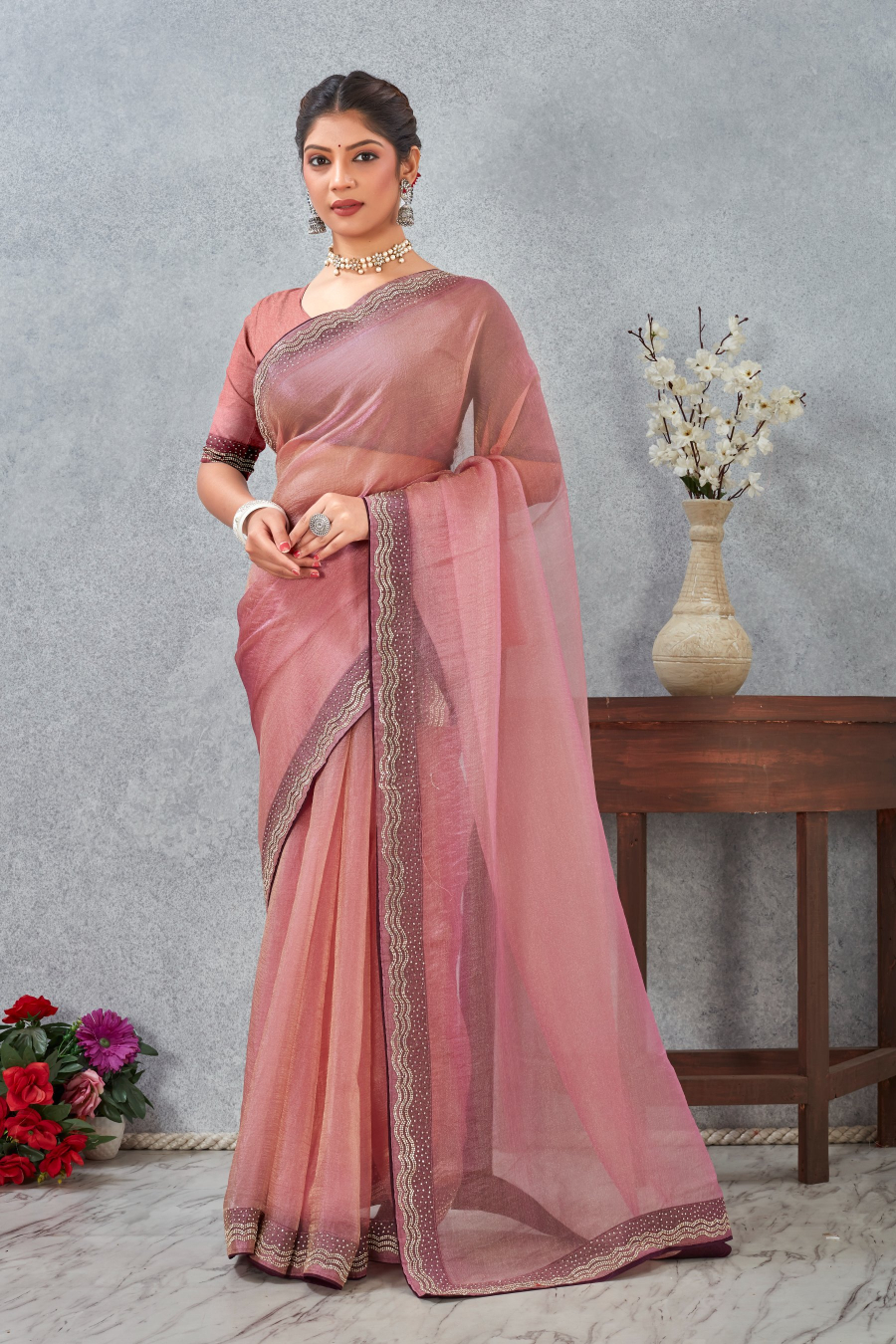 Pink Zircon Border Soft Silk Saree