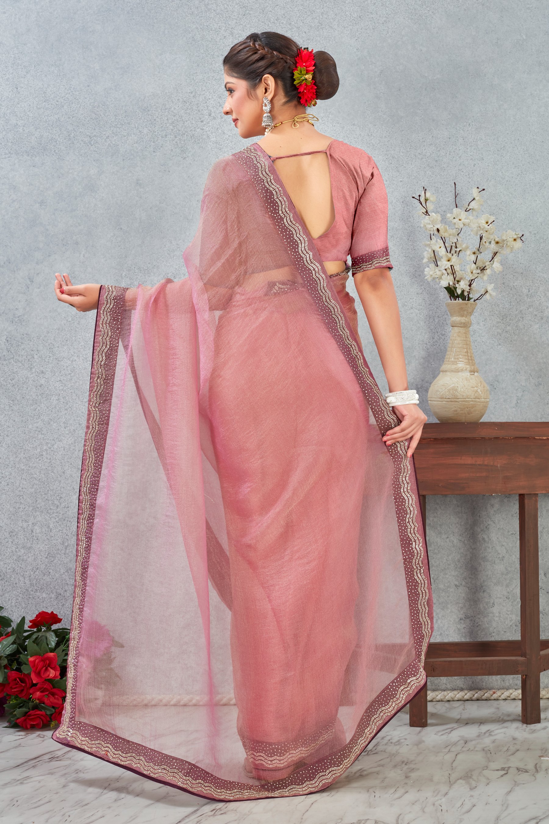 Pink Zircon Border Soft Silk Saree — alternate view