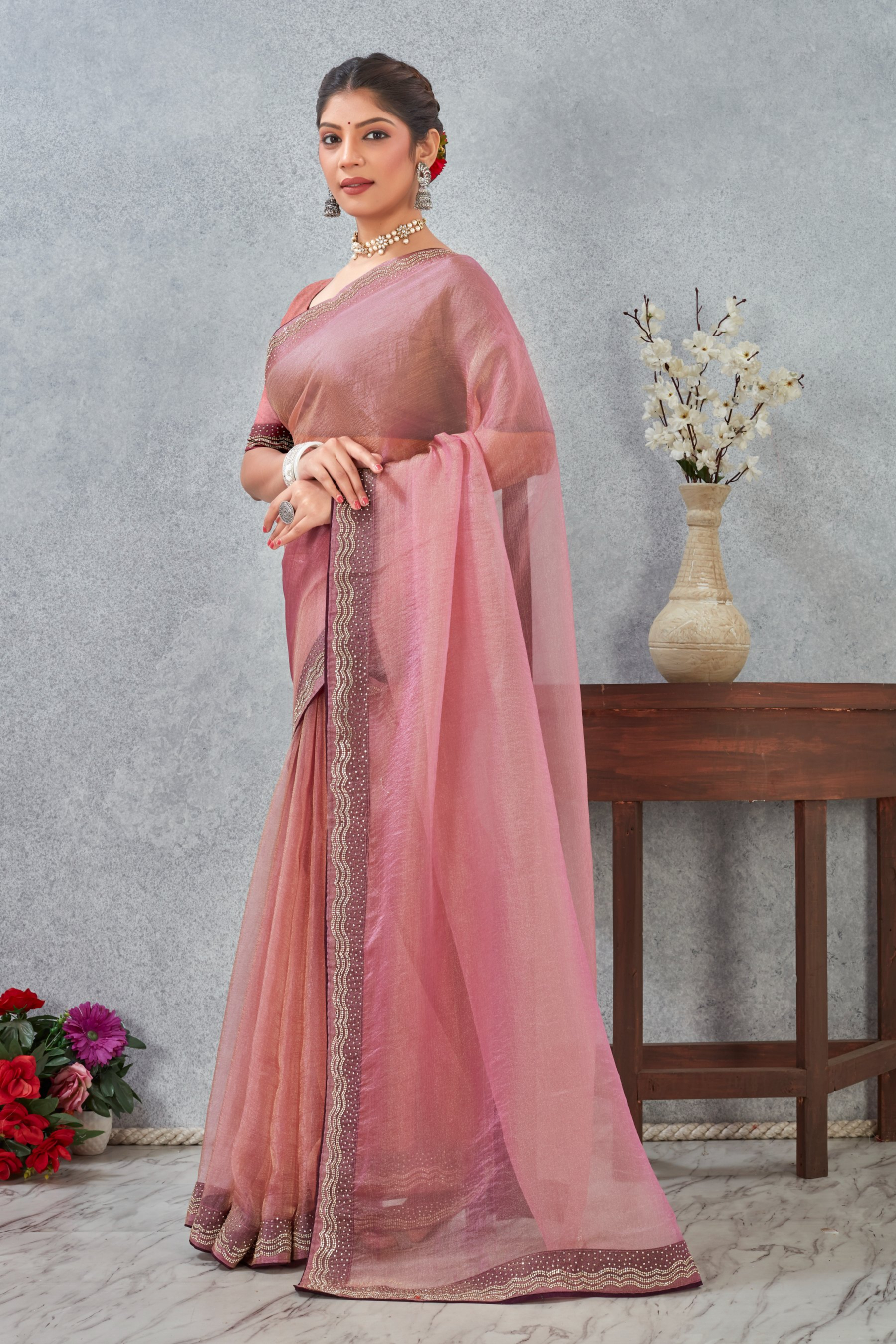 Pink Zircon Border Soft Silk Saree