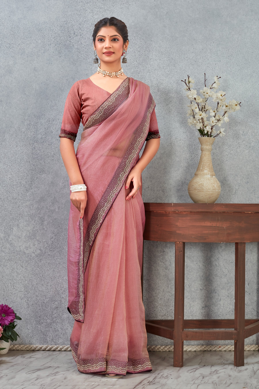 Pink Zircon Border Soft Silk Saree