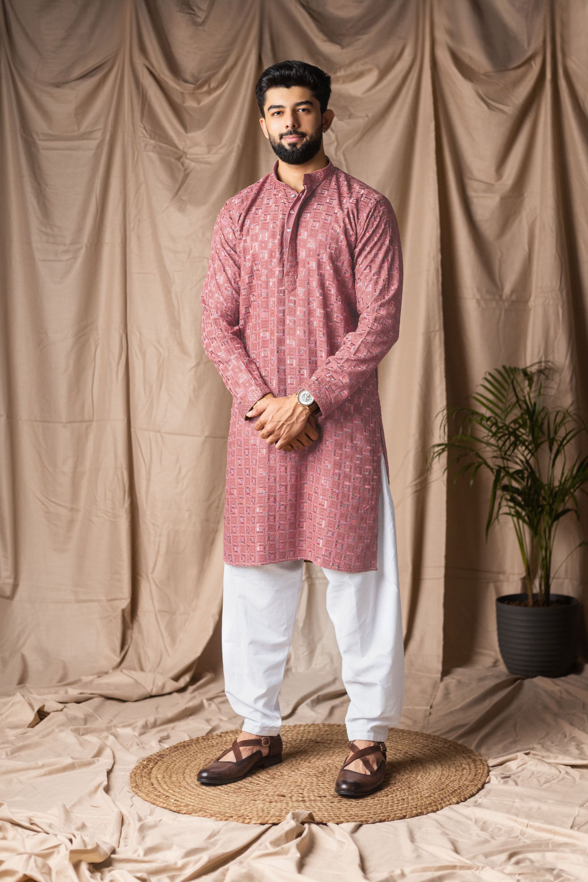 Pinkish Red Embroidered Viscose Rayon Kurta Pyjama