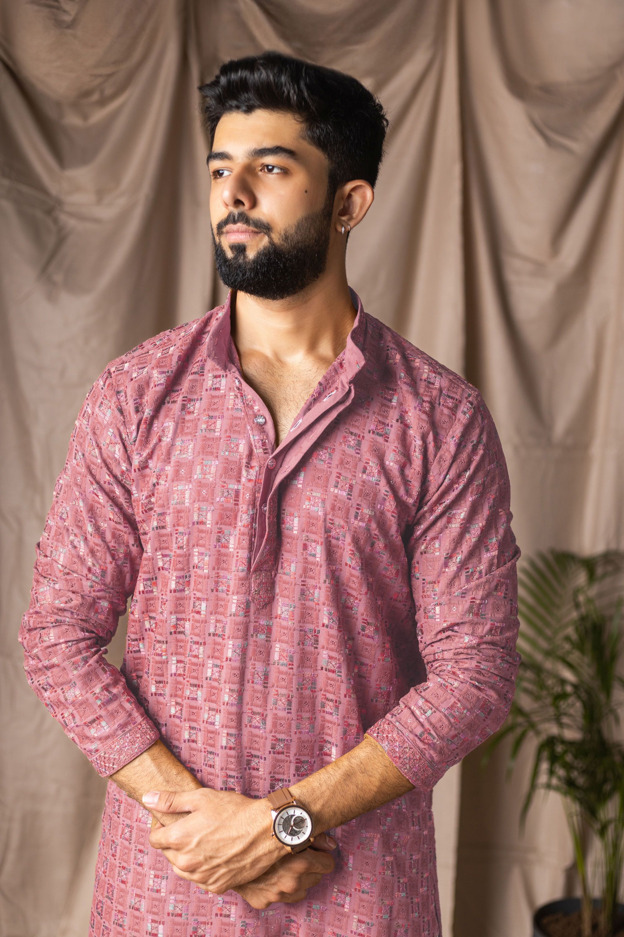 Pinkish Red Embroidered Viscose Rayon Kurta Pyjama
