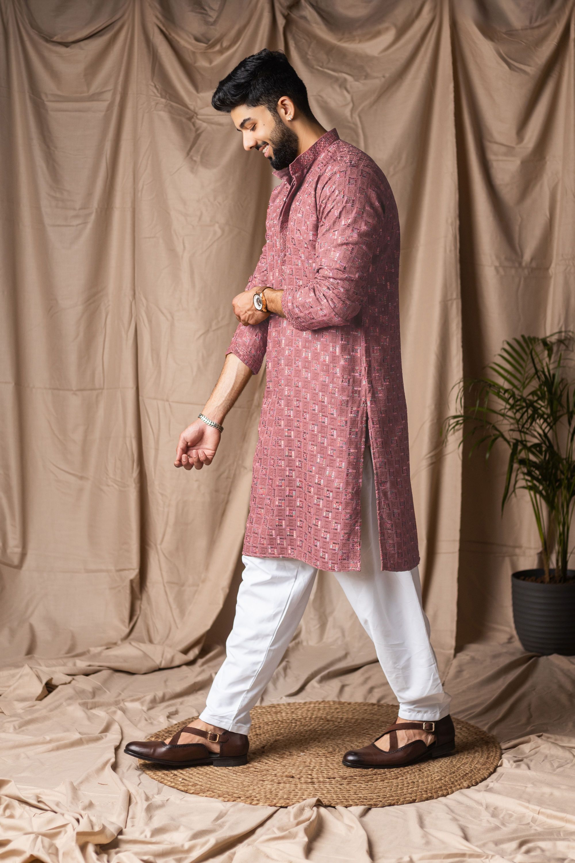 Pinkish Red Embroidered Viscose Rayon Kurta Pyjama