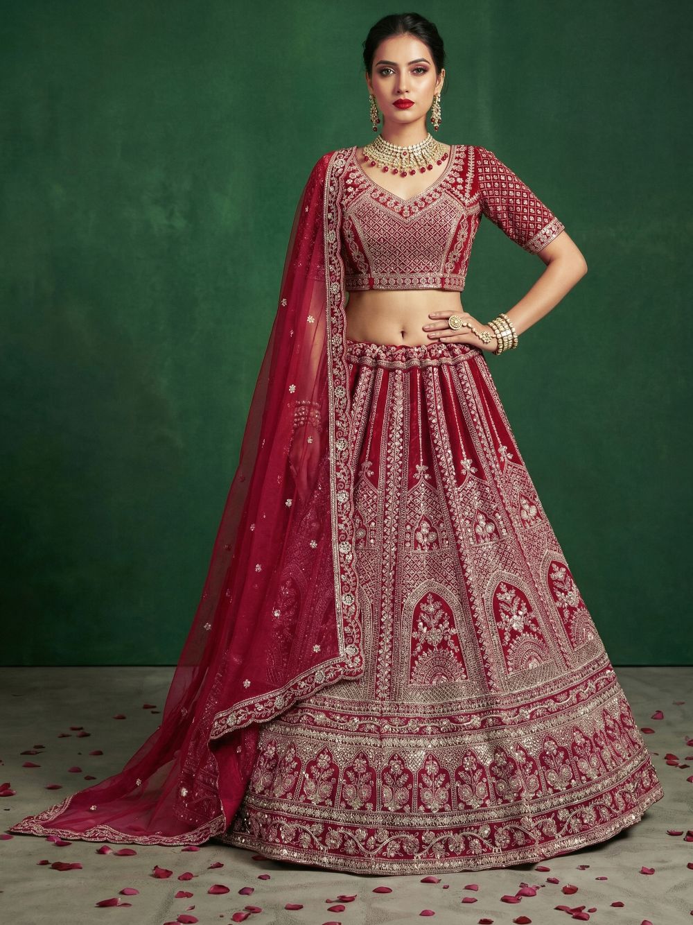 Pinkish Red Satin Wedding Lehenga
