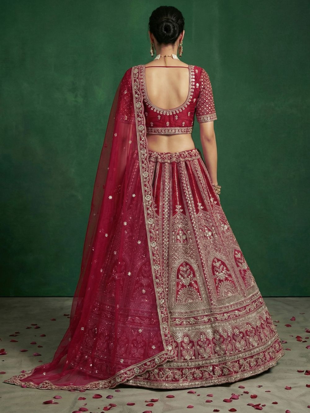Pinkish Red Satin Wedding Lehenga — alternate view