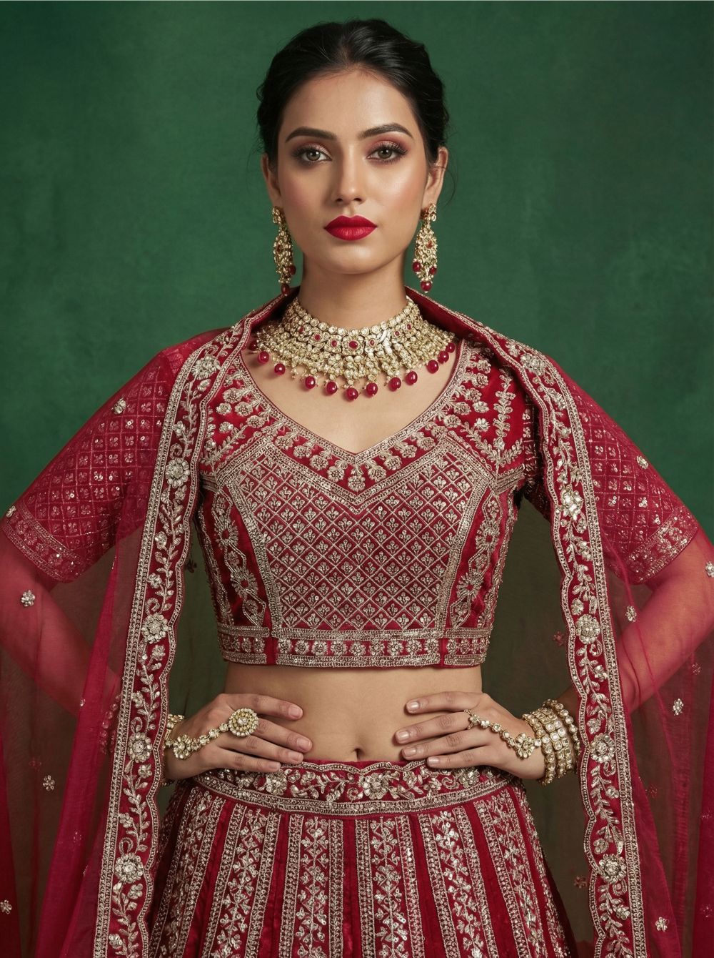 Pinkish Red Satin Wedding Lehenga
