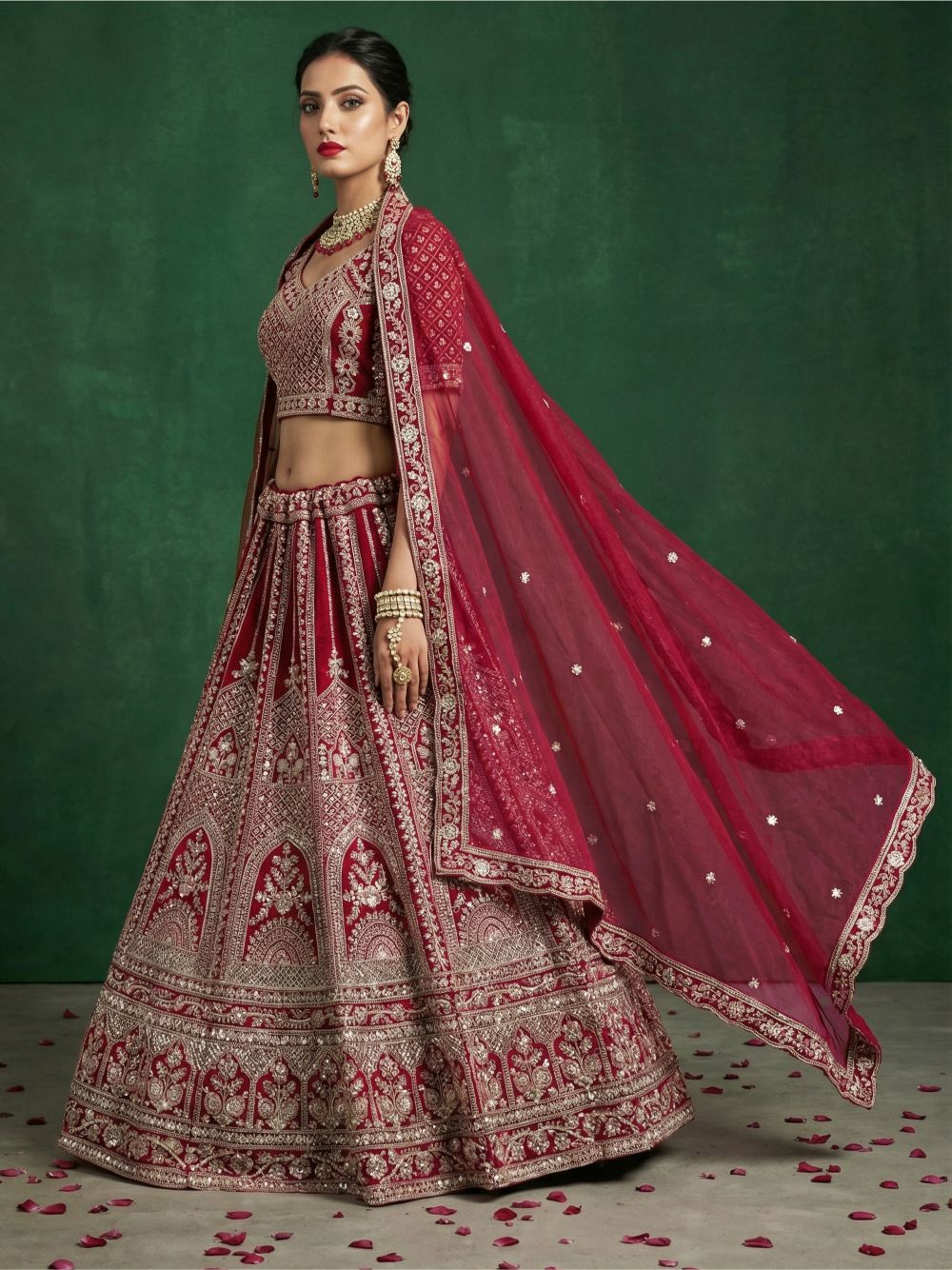 Pinkish Red Satin Wedding Lehenga