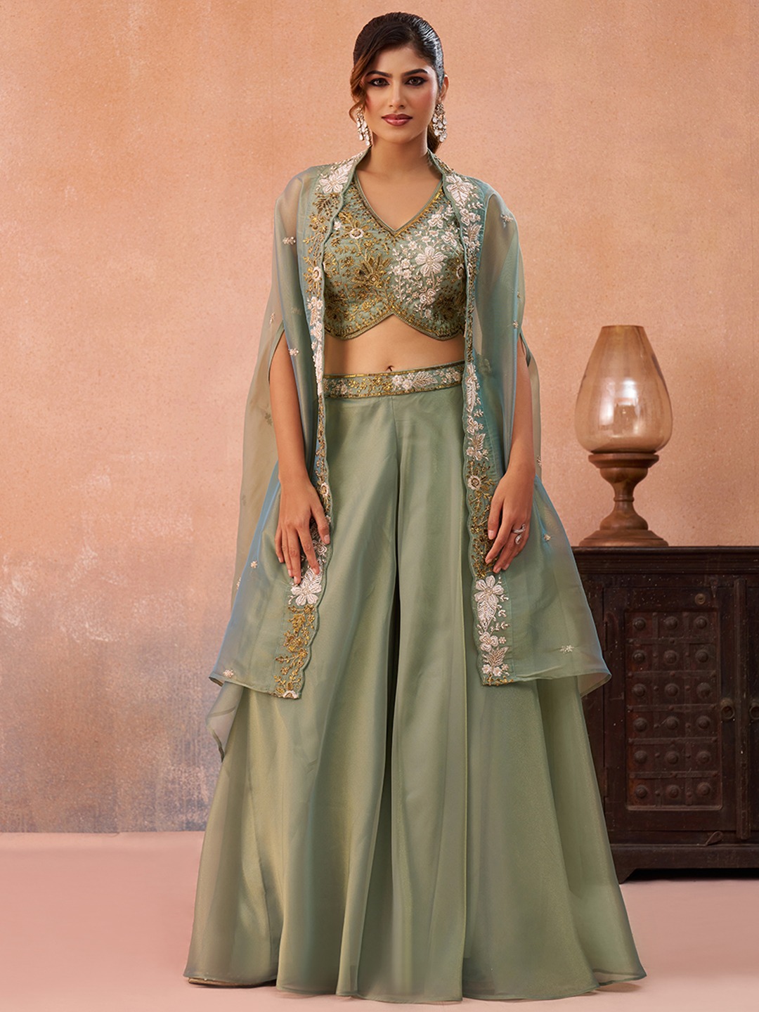 Pista Airy Layered Embroidered Tissue Indo Western Set
