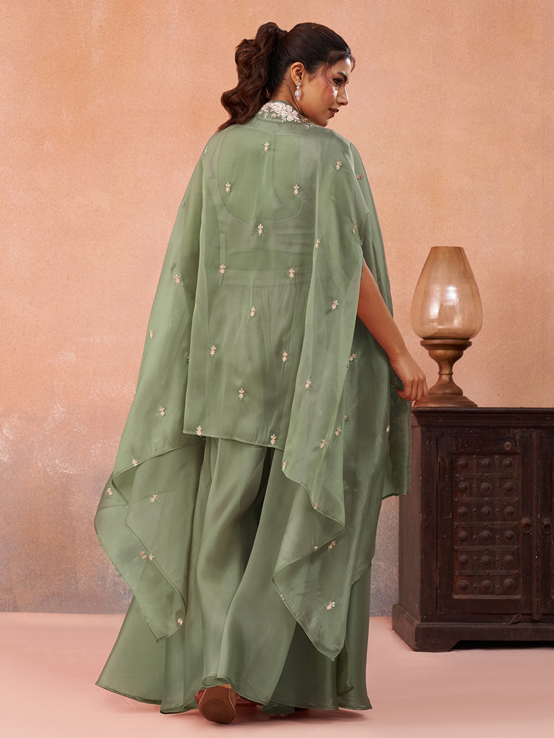 Pista Airy Layered Embroidered Tissue Indo Western Set — alternate view