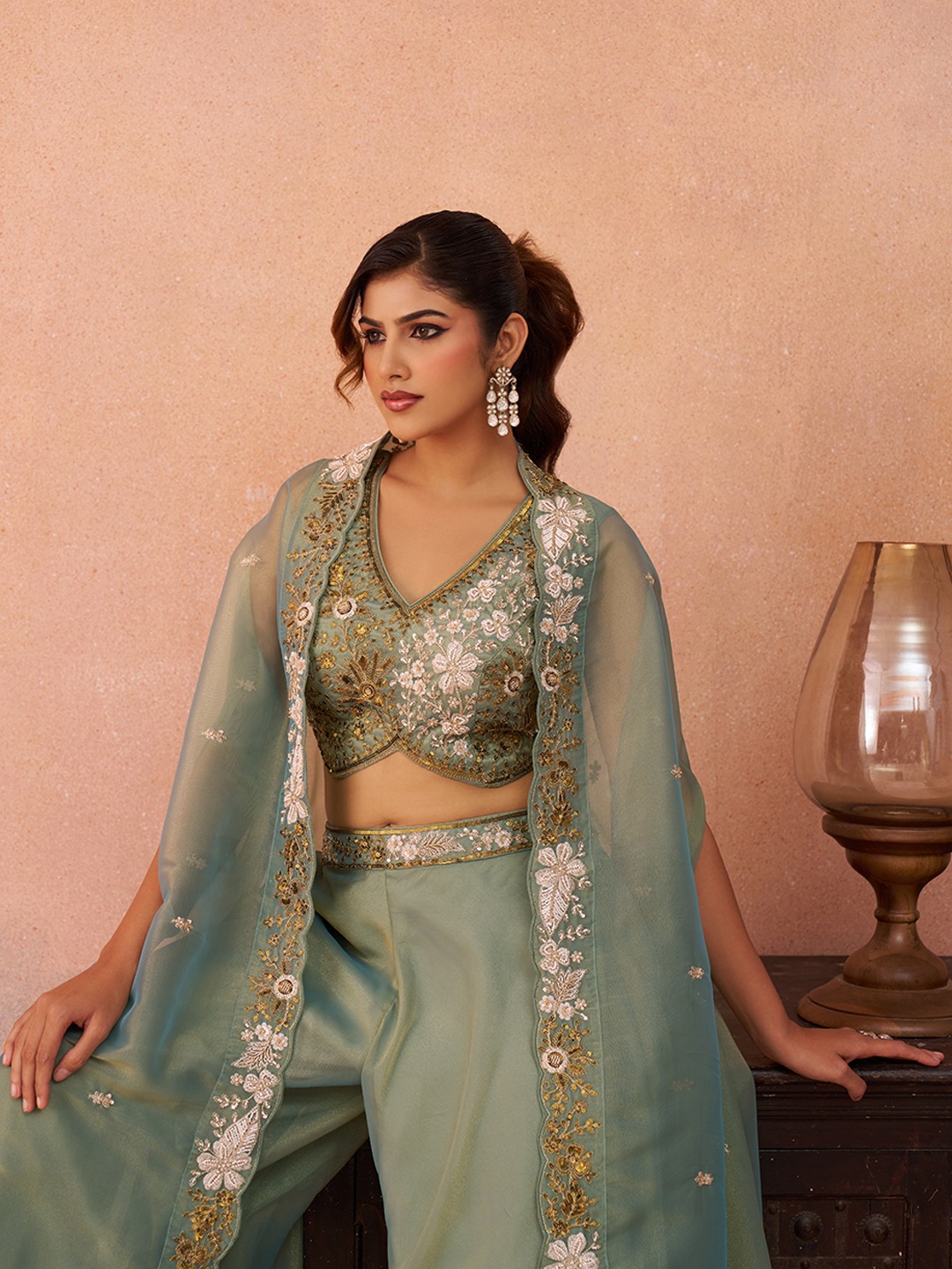 Pista Airy Layered Embroidered Tissue Indo Western Set
