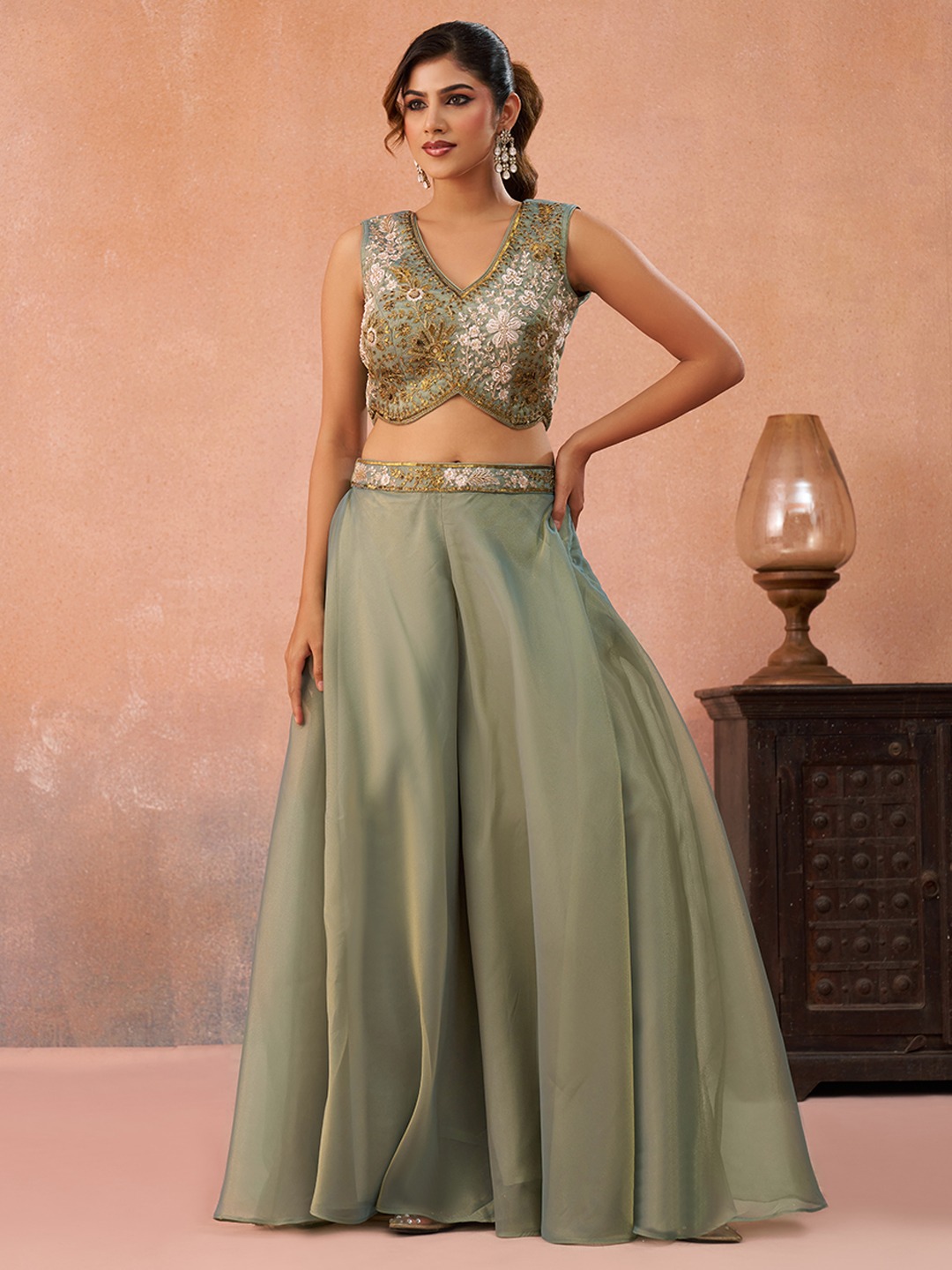 Pista Airy Layered Embroidered Tissue Indo Western Set