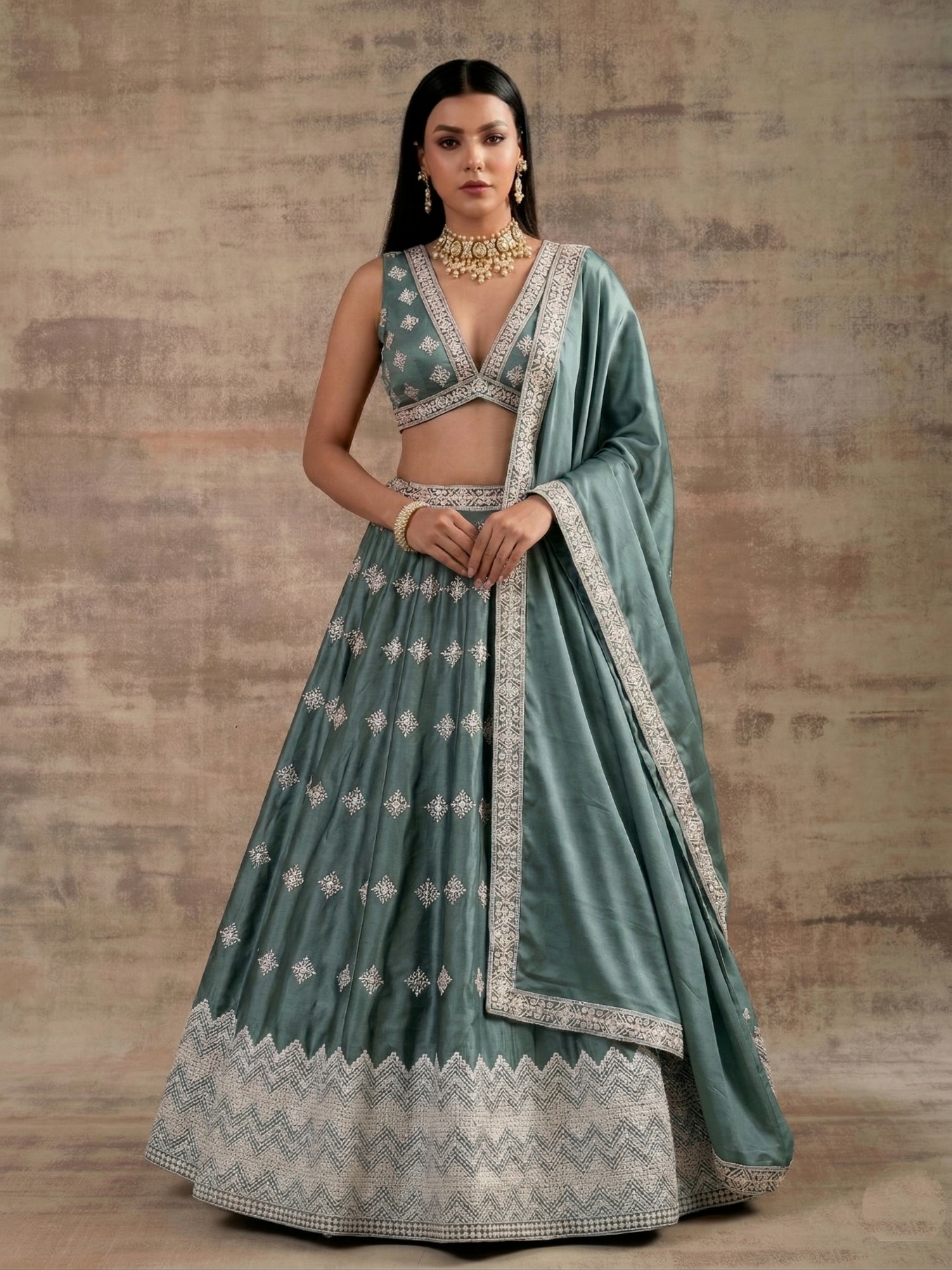 Pista Aqua Geometric Zari Satin Umbrella Lehenga