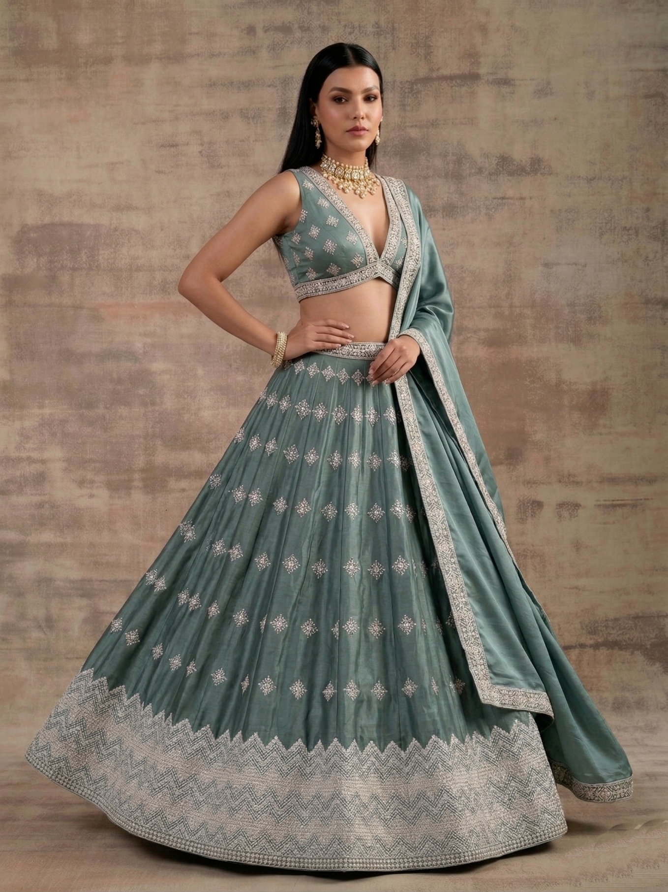 Pista Aqua Geometric Zari Satin Umbrella Lehenga — alternate view