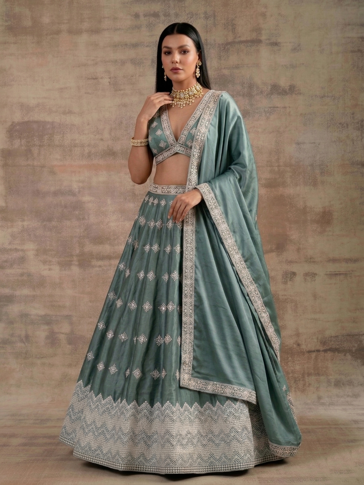 Pista Aqua Geometric Zari Satin Umbrella Lehenga