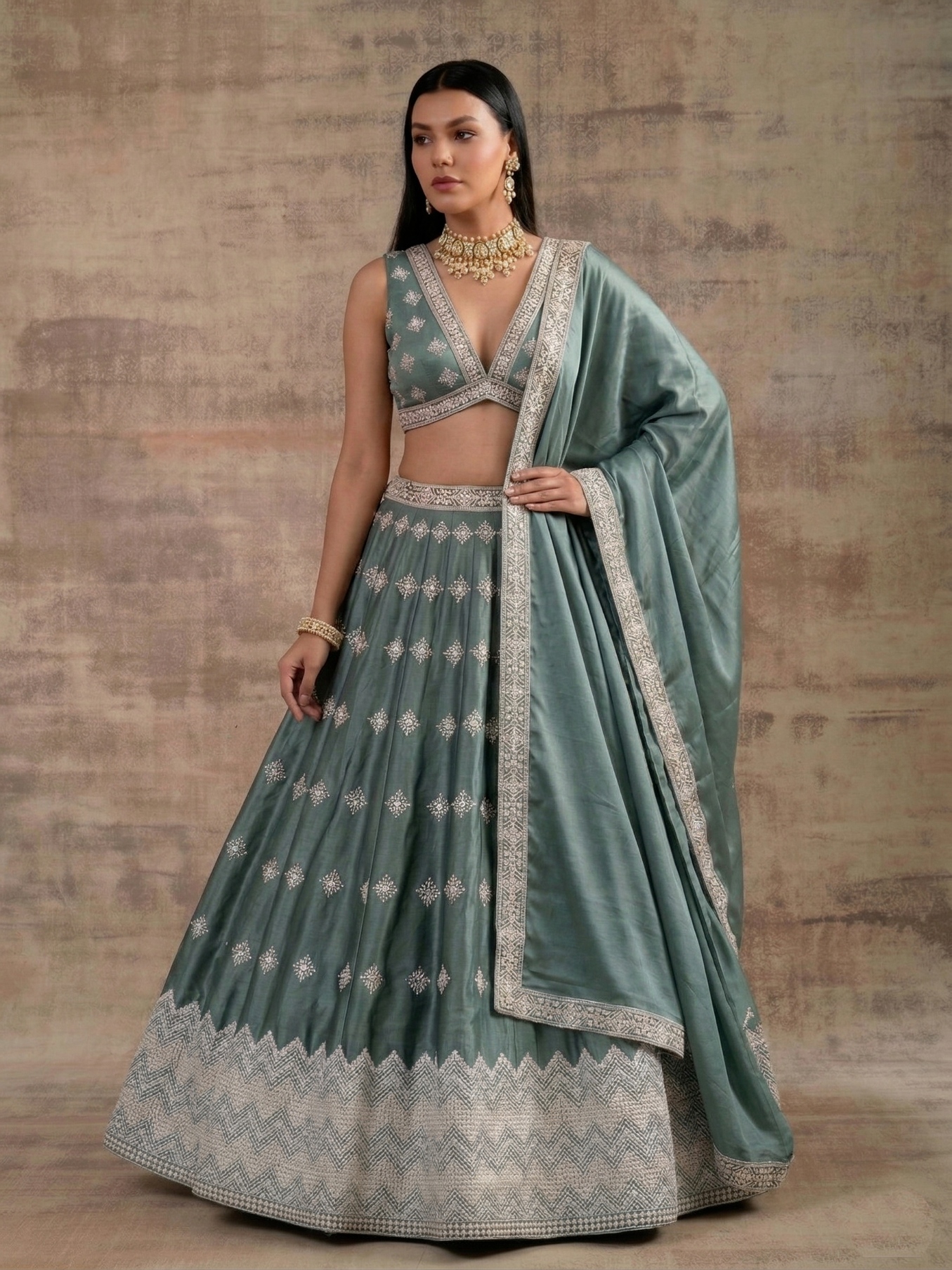 Pista Aqua Geometric Zari Satin Umbrella Lehenga