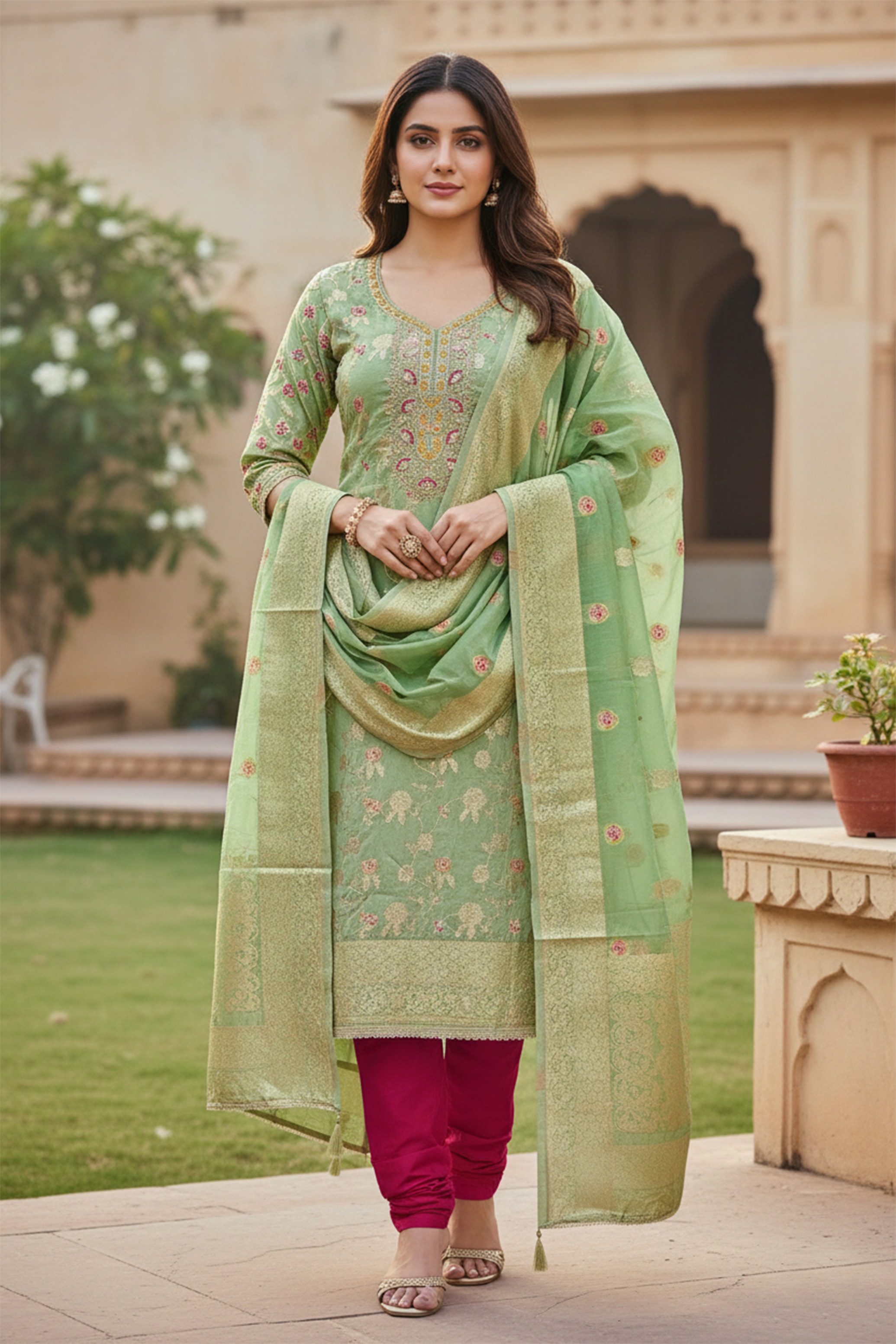 Pista Banarasi Cotton Pastel Bloom Straight Salwar Suit