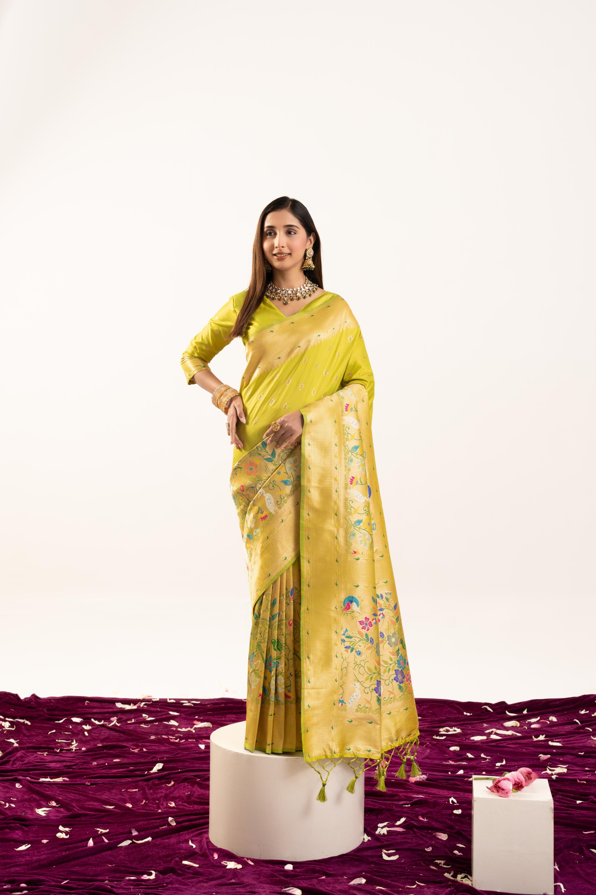 Pista Banarasi Silk Woven Meenakari Paithani Saree